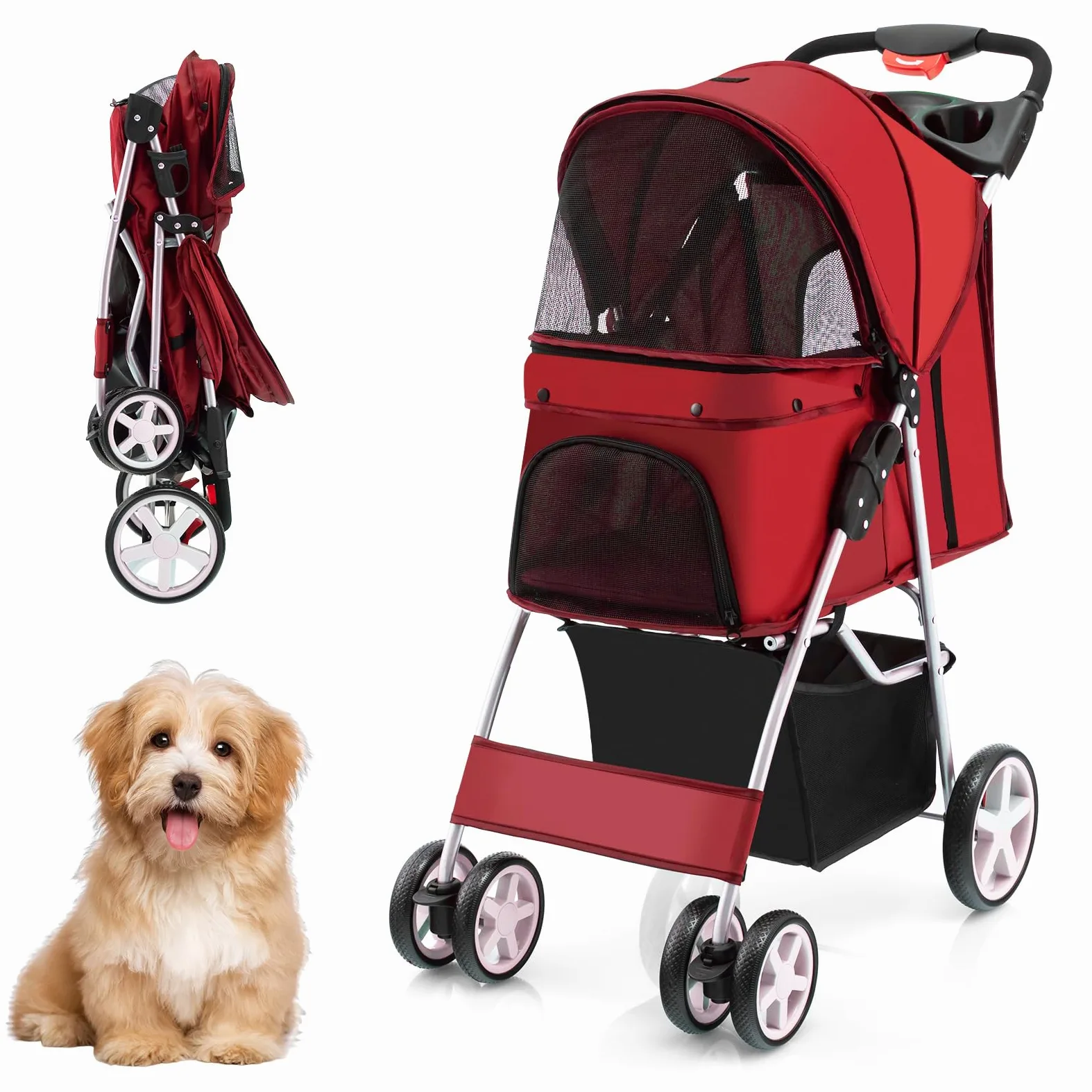 COSTWAY Passeggino per Cani, Carrozzina per Cani Pieghevole Fino a 15 kg, 4 Ruote con Finestra a Rete Porta Bicchiere e Cesto, Passeggino Portatile per Animali Piccola e Media (Rosso)