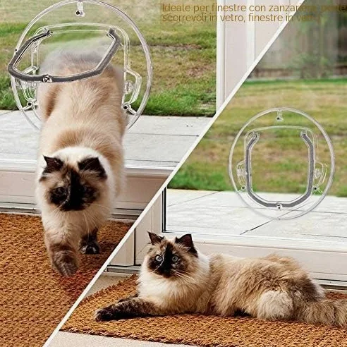Gattaiola per vetro Porta Basculante per Gatti e Cani Grande Porta Gattaiola per vetro con 4 possibilità di bloccaggio (Rotonda Trasparente)