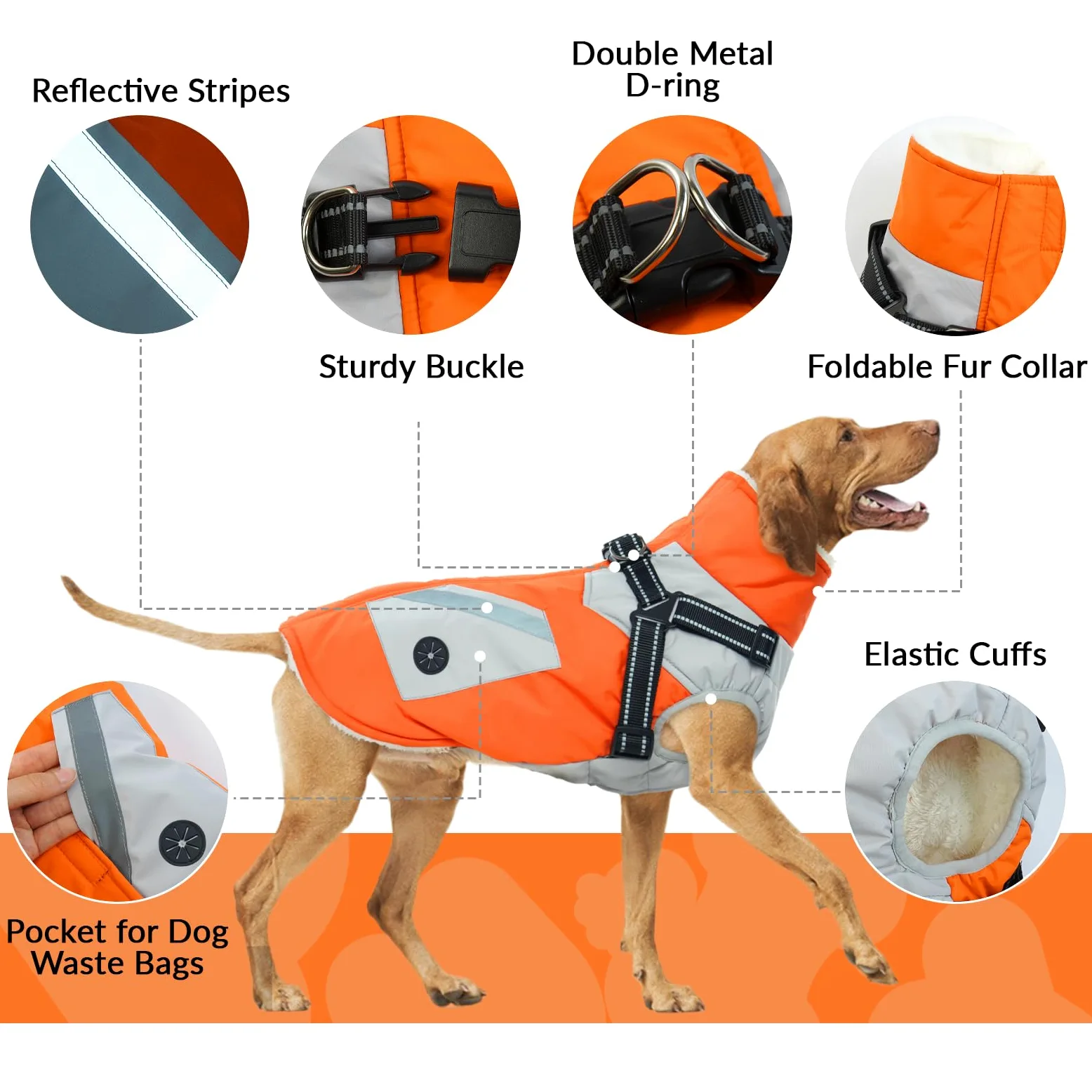 Giacca Impermeabile per Cani, Cappotto per Cani Caldo Inverno Giacca Cani Antivento con Imbracatura Cappotto Neve Cane Gilet Pile Cuccioli Regolabile(Arancione, 2XL)