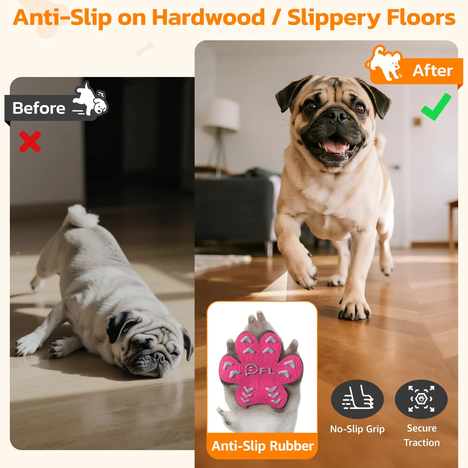 Cuscinetti antiscivolo per zampe di cane anziani, adesivi rosa con forte trazione su pavimenti in legno, Dog Essentials M (5-9 kg)