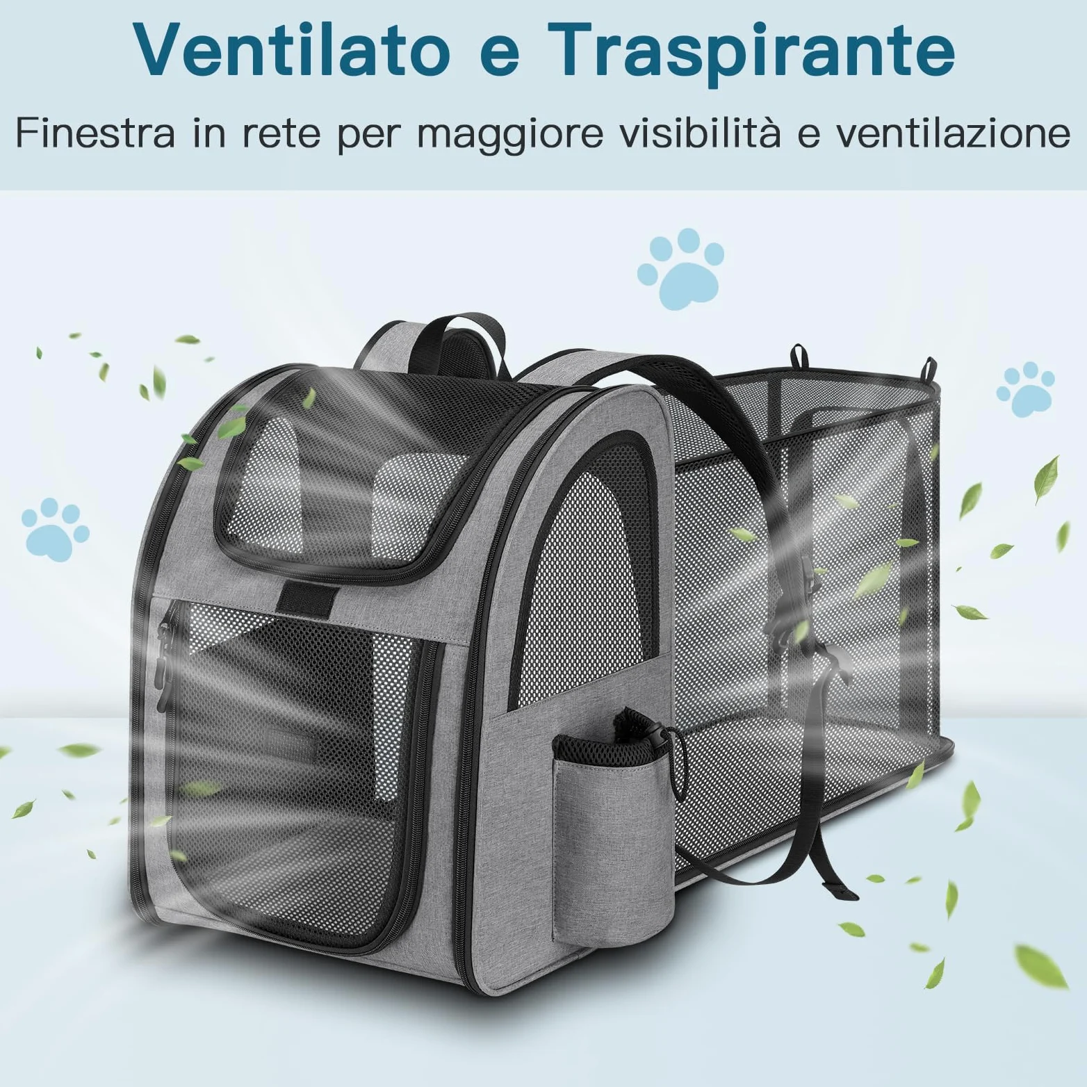 Zaino per Cani Gatti Estensibile, Zaino Gatto Cane 10 kg, Traspirante Zaino Porta Cane Gatto con Finestra a Rete, Zaino Trasportino Gatto Cani con Guinzaglio Interno e Tappetino per Viaggi - Grigio