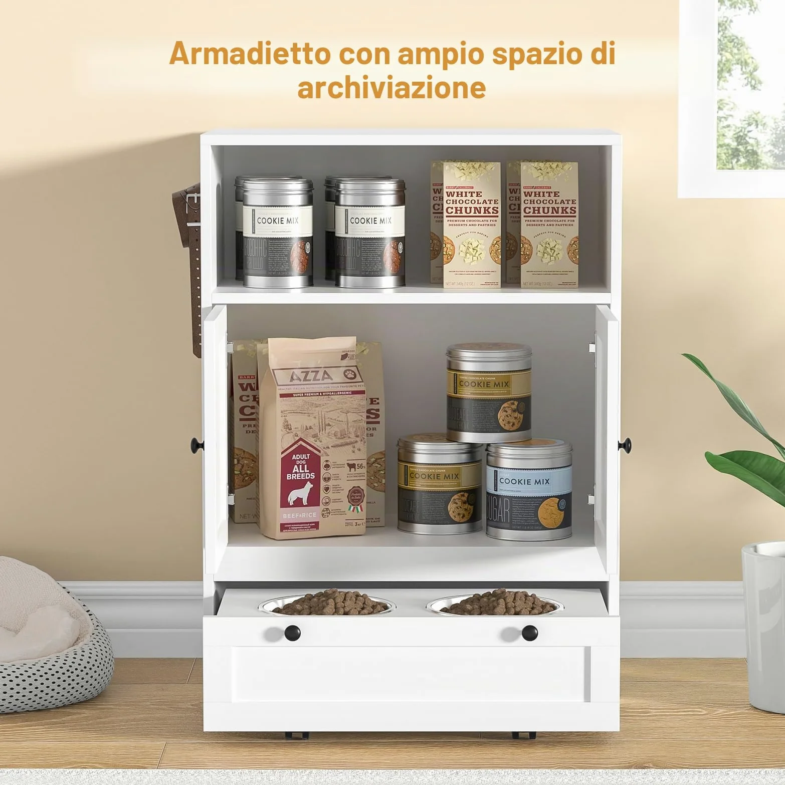 Mangiatoia per cani con 2 ciotole in acciaio inox, 60 x 35 x 82 cm, armadietto per animali domestici con ripostiglio, armadietto per animali domestici 2 in 1 e stazione di alimentazione, ciotola per