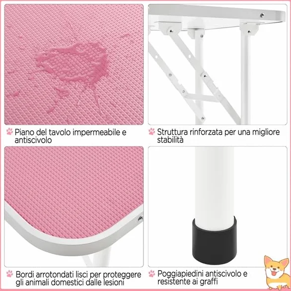 Yaheetech Tavolo da Toelettatura Cani Tosatura per Cani Gatti Animali Pieghevole con Laccio Portata 100 kg Rosa