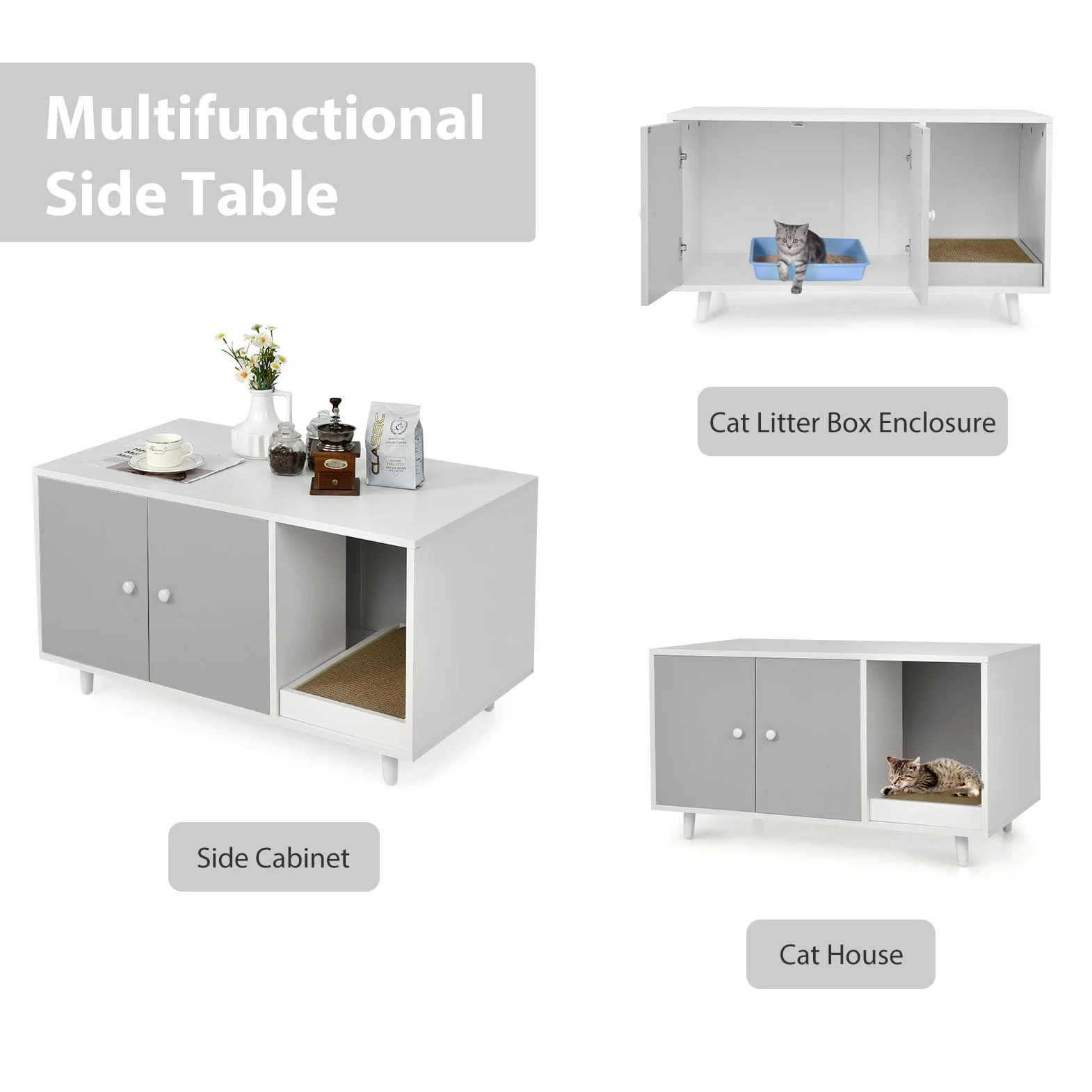LIFEZEAL Armadietto per Gatti 2 in 1 Con Tavola Tiragraffi, Tavolino Con Casetta, 2 Ante e Gambe Sollevate, Lettiera, Marrone (Grigio)