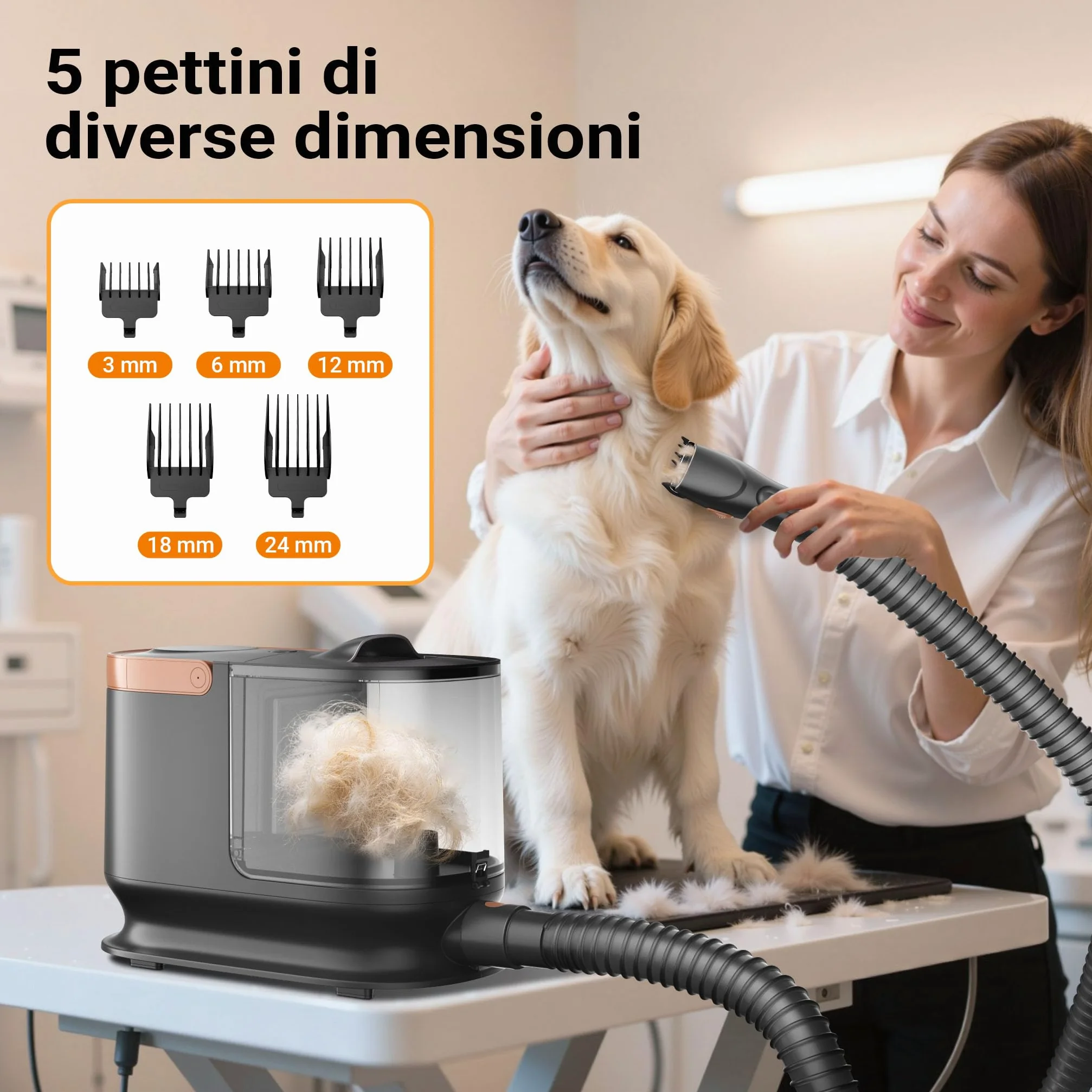Fudajo Set per toelettatura di animali domestici 6 in 1, aspira peli per cani e gatti, tosatrice per cani, con accessori per la cura del pelo, colore nero