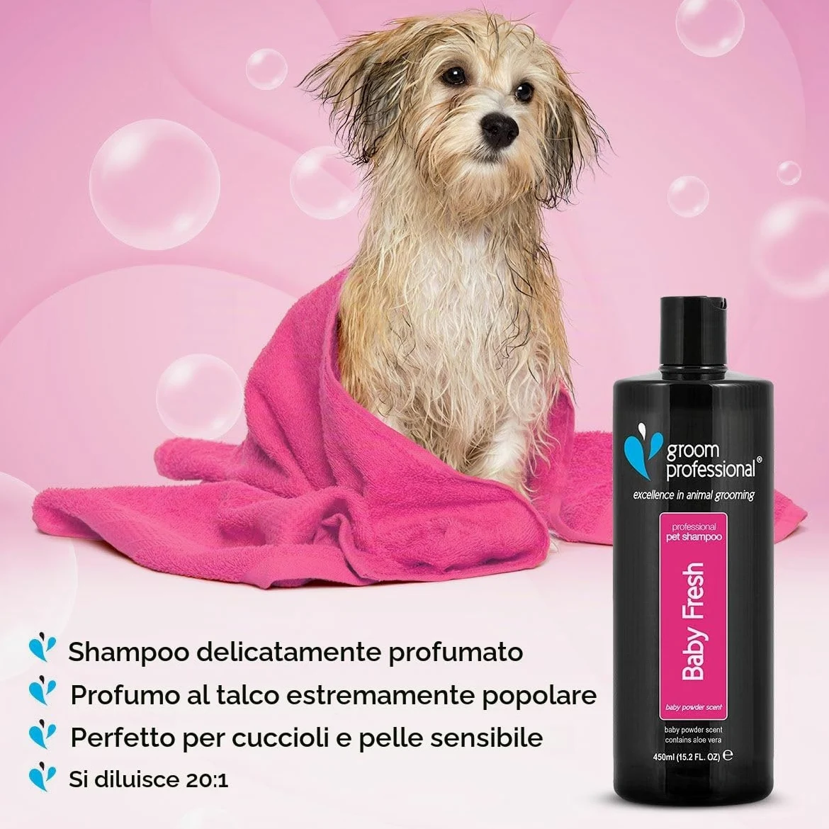 Groom Professional Baby Fresh Dog Shampoo (4 L) – Salon Size 20 : 1 Concentrate, Gentle Aloe Vera Formula, Deep Cleaning for Puppies or Sensitive Skin, Fresh Baby Powder Scent, Made in UK