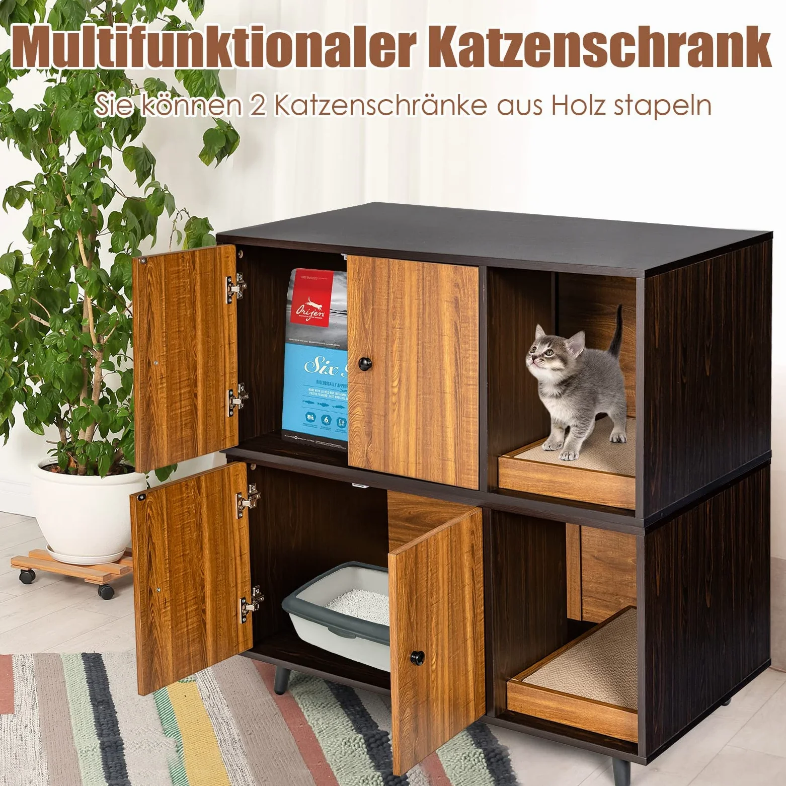 FANTASK Casetta laterale 2 in 1, tavolo e armadietto per gatti con 2 ante, tavolino da caffè e lettiera per gatti, in legno, con design impermeabile, buona circolazione dell'aria, 90 x 50 x 50 cm