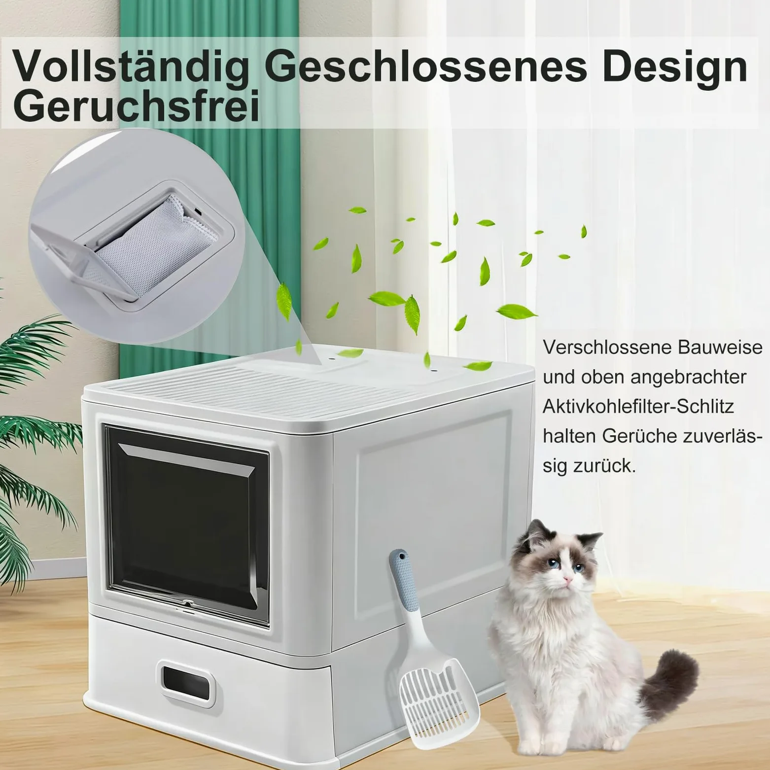 Marchul XL Lettiera per gatti grande, in acciaio inox, con coperchio e cassetto, pareti laterali alte con deflettori antispruzzo, vassoio più profondo con paletta e tappetino, inodore