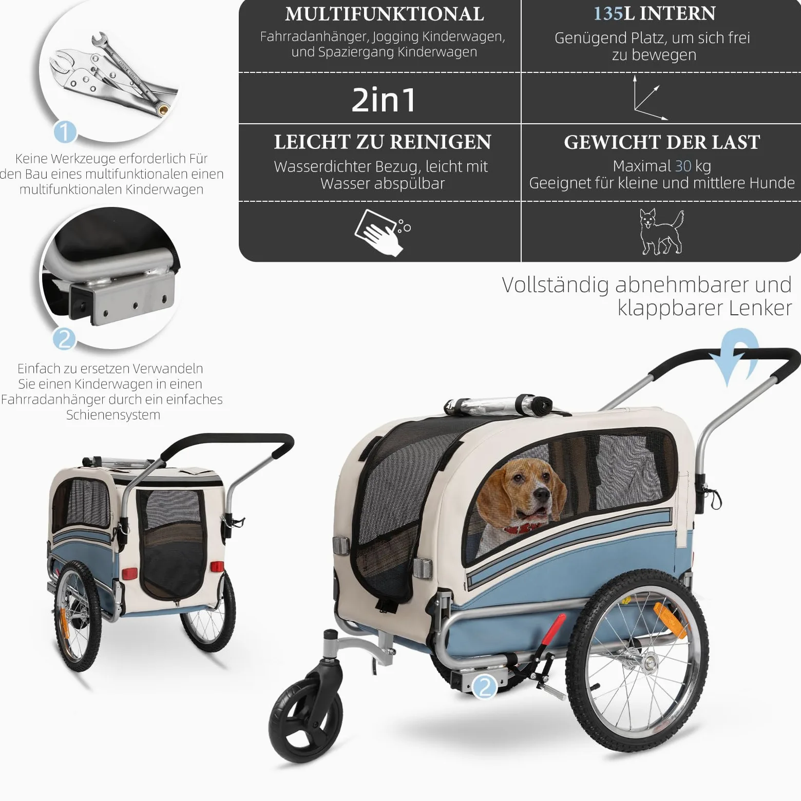 Rimorchio per cani 2 in 1 per bicicletta e jogging – Carrello per cani fino a 30 kg pieghevole con freni, bandierina di segnalazione, uso esterno e domestico, facile da montare