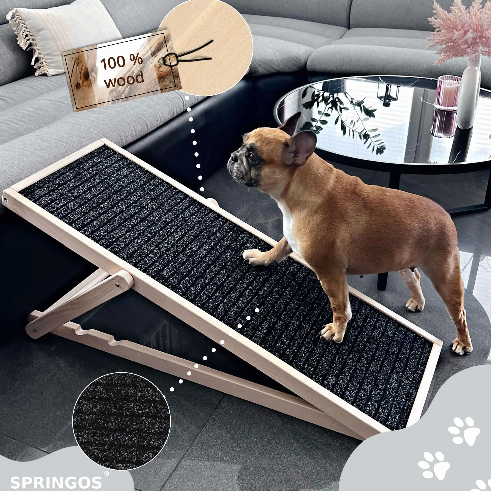 SPRINGOS Rampa per cani Gradini per cani regolabili da 42,5-59 cm per letto o divano Scala per cani pieghevole in legno Rampa di accesso per animali domestici con inserto antiscivolo