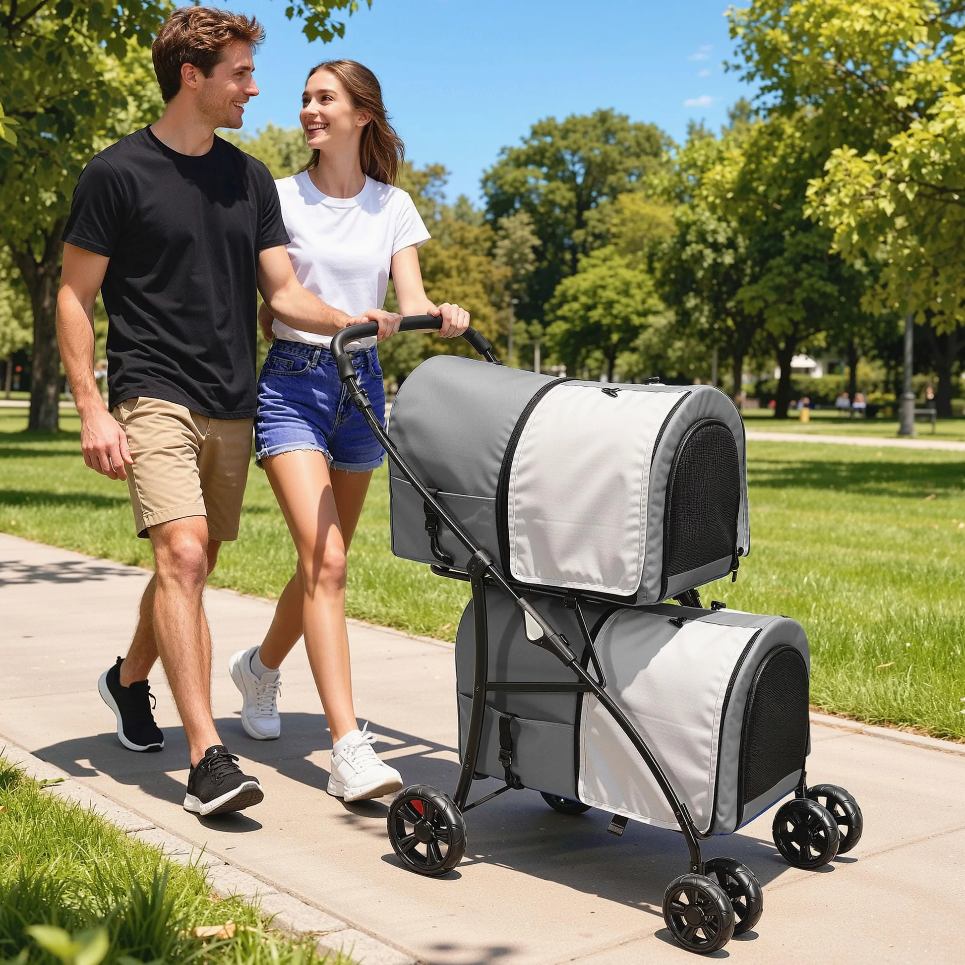 YITAHOME Passeggino per cani a doppio piano per animali domestici, portata fino a 30 kg, pieghevole, con finestra a rete, per due cani e gatti, grigio
