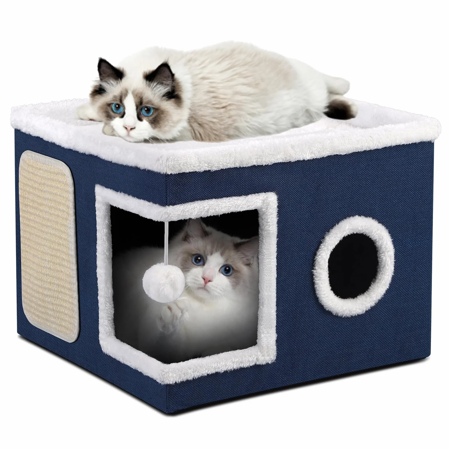 Cuccia per gatti pieghevole per Gatti indoor, 43*43*32 cm, grande cuccia per gatti con accogliente cuccia, palla sospesa, finestra rotonda, cubo per gatto a 2 strati con morbidi cuscini bifacciali,Blu