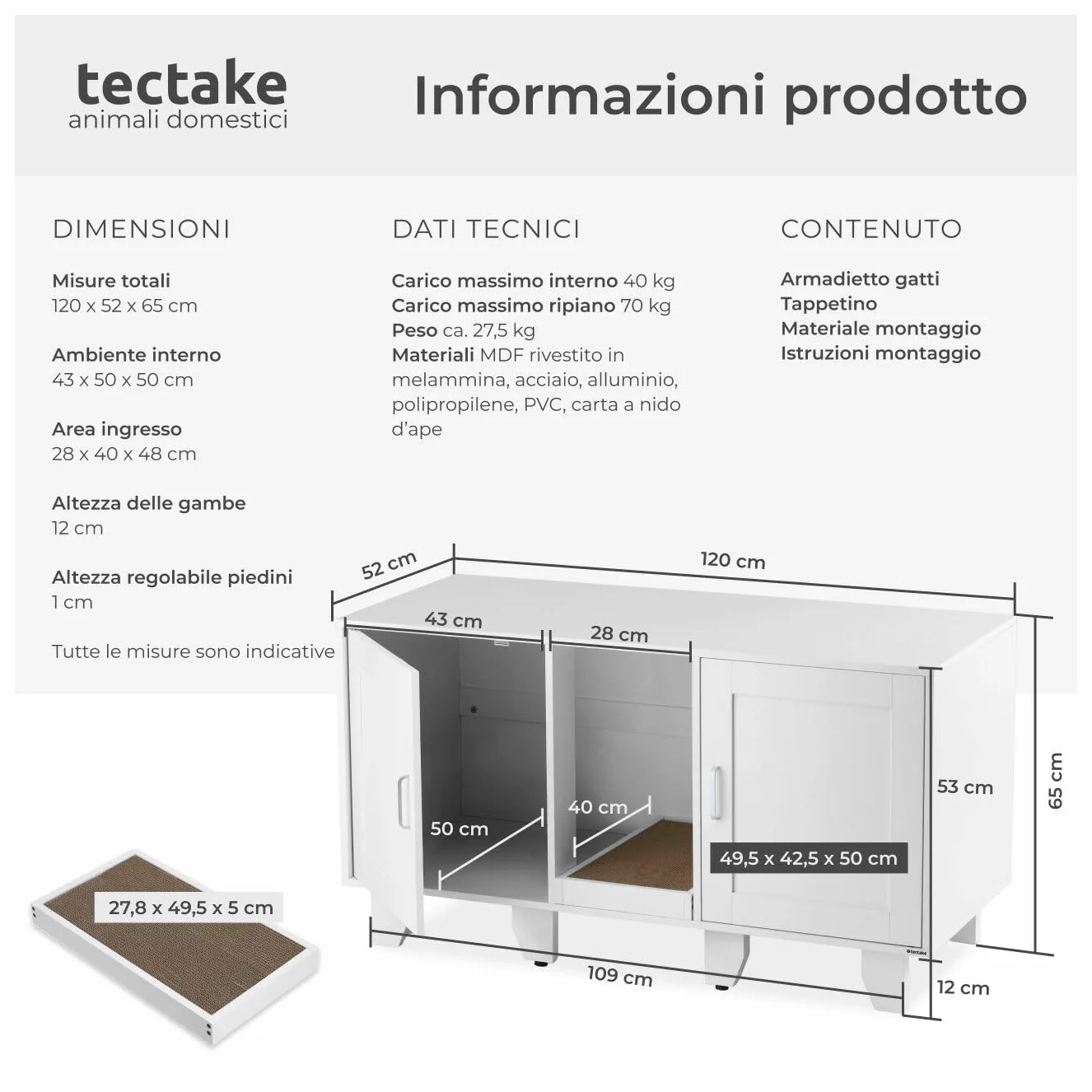 tectake® Mobile lettiera gatto chiusa a due ante, ingresso centrale, tappetino tiragraffi, mobiletto lettiera gatto, armadietto per lettiera gatti, ante magnetiche - 120 x 52 x 65 cm - Bianco