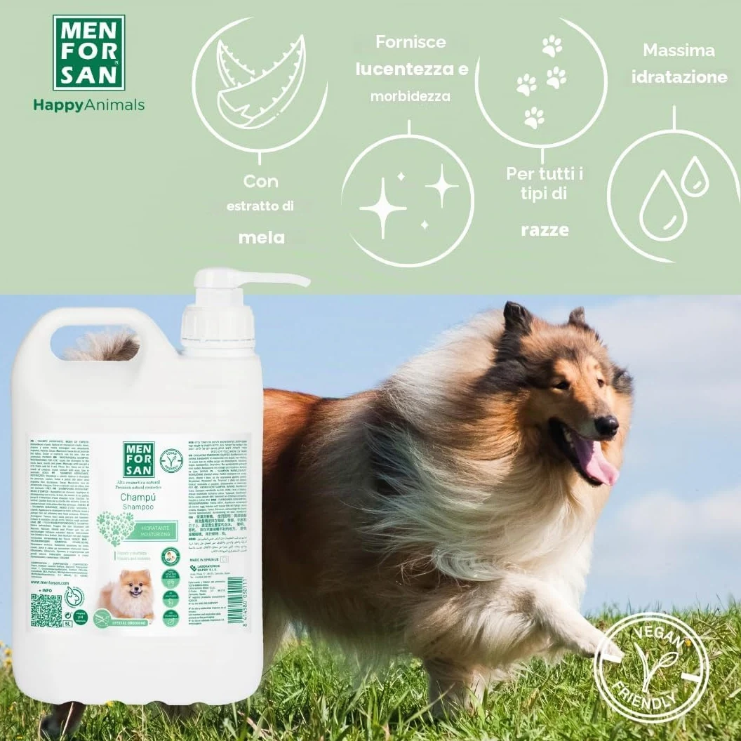 MENFORSAN Shampoo Idratante per Cani | Idrata in Profondità | Dona Lucentezza | Rivitalizza e Ripara | Elimina Cattivi Odori | Mela | 5L
