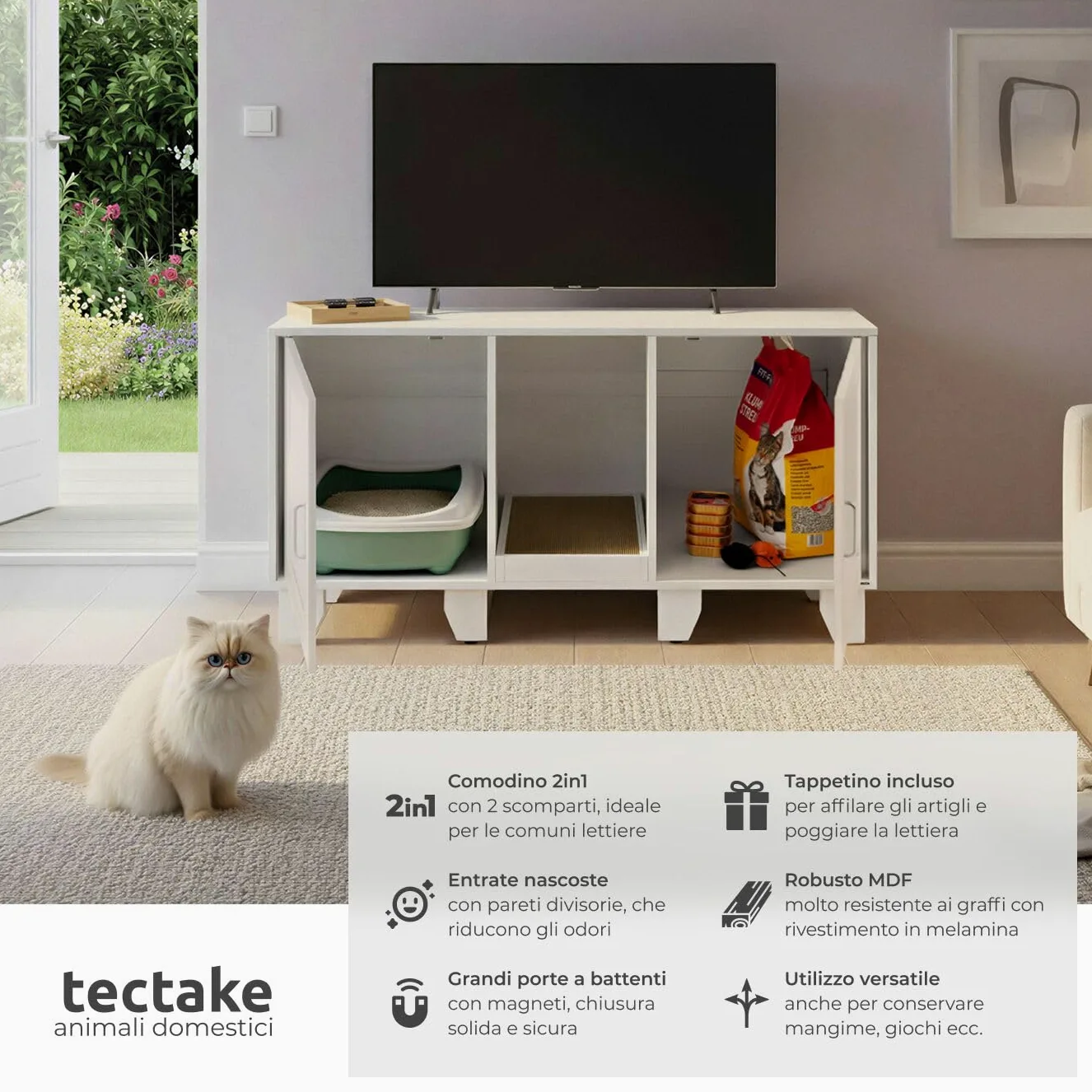 tectake® Mobile lettiera gatto chiusa a due ante, ingresso centrale, tappetino tiragraffi, mobiletto lettiera gatto, armadietto per lettiera gatti, ante magnetiche - 120 x 52 x 65 cm - Bianco