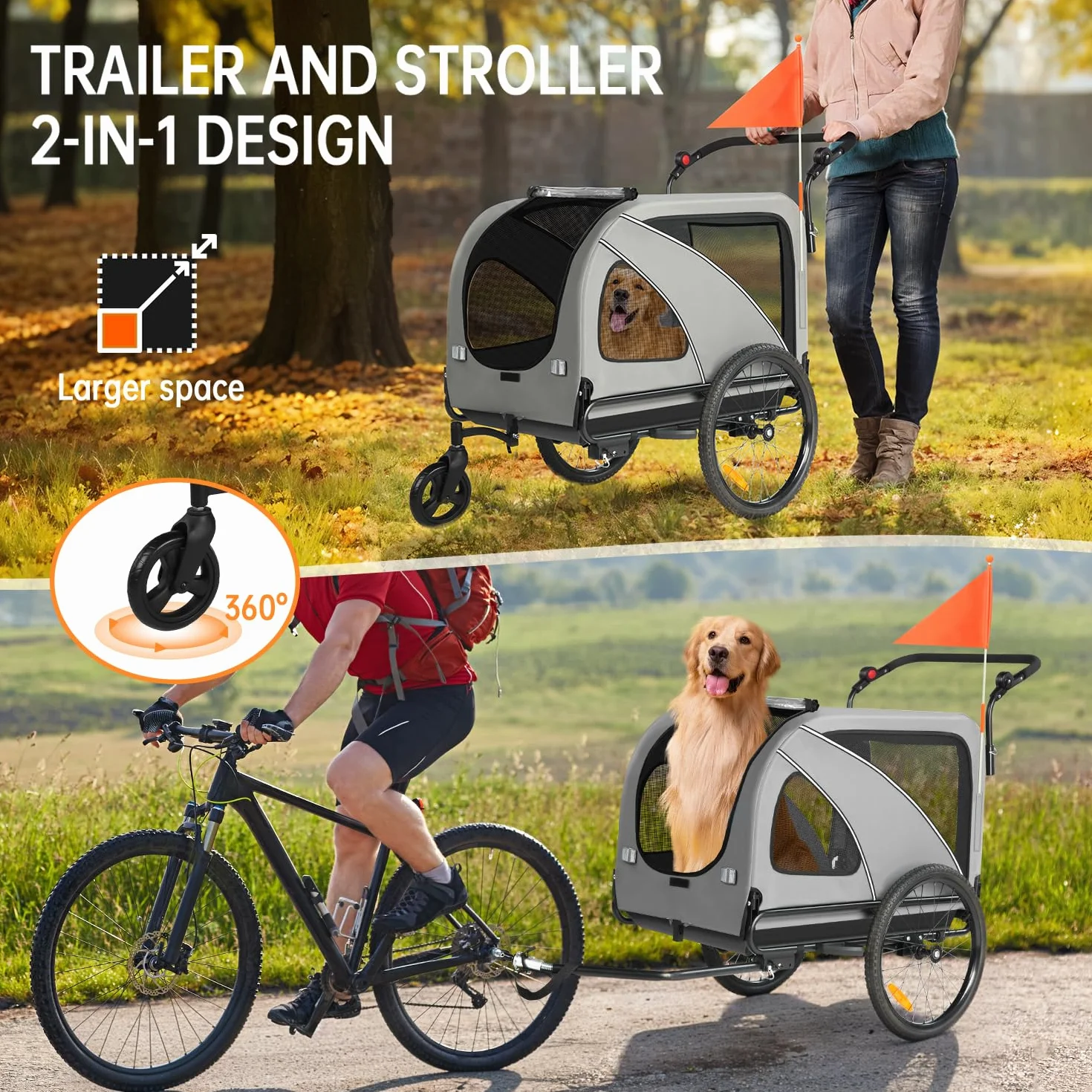 Rimorchio per bicicletta XXL 2 in 1 per cani, pieghevole, con apertura sul tetto, riflettori e strisce riflettenti, attacco universale per bicicletta, manico regolabile in altezza