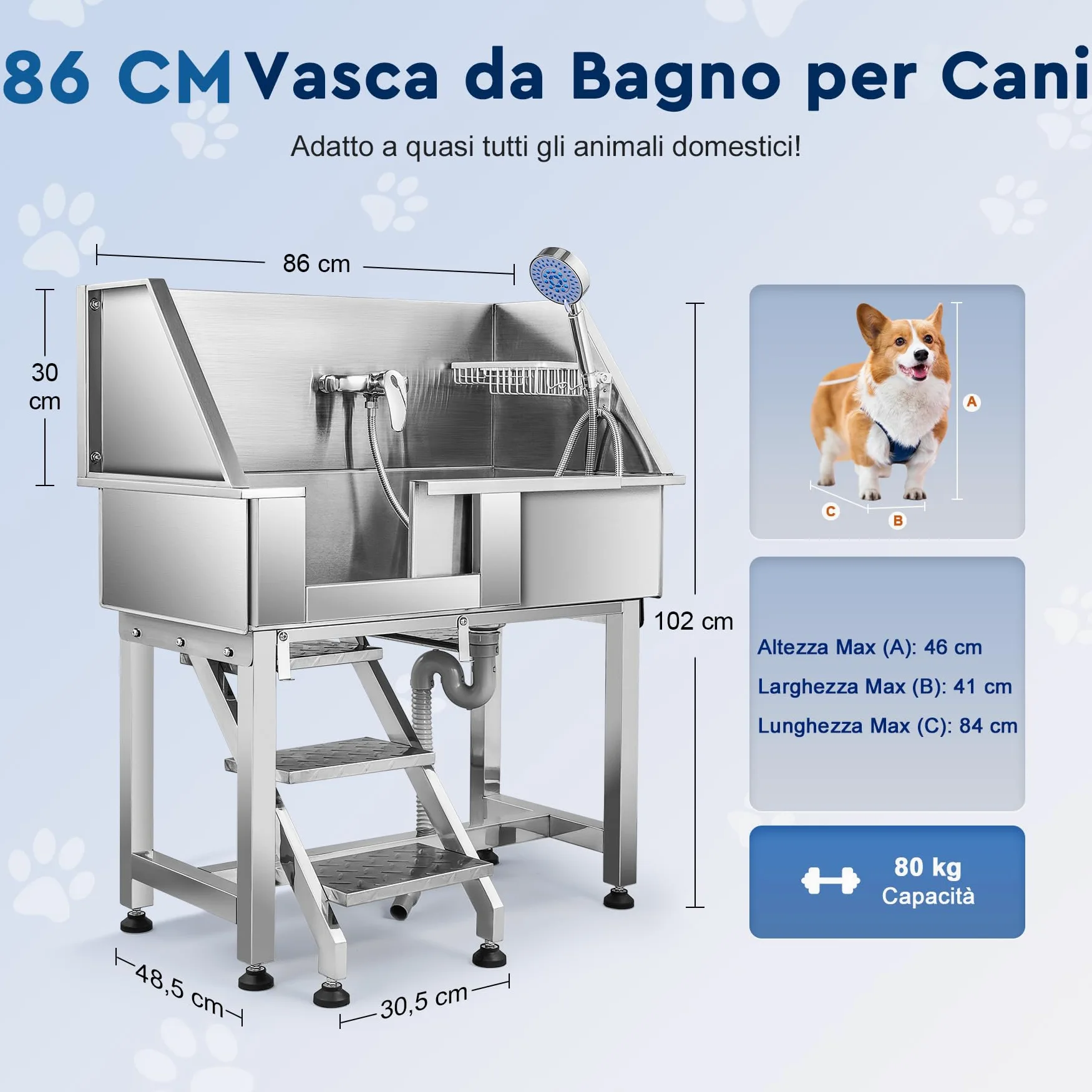 CO-Z 86 cm Vasca da Bagno per Cani in Acciaio Inossidabile, Vasca Toelettatura Professionale per Animali Domestici capacità 80 kg, Vasca Doccia per Toelettatura con Scale Porta Scorrevole Rubinetto