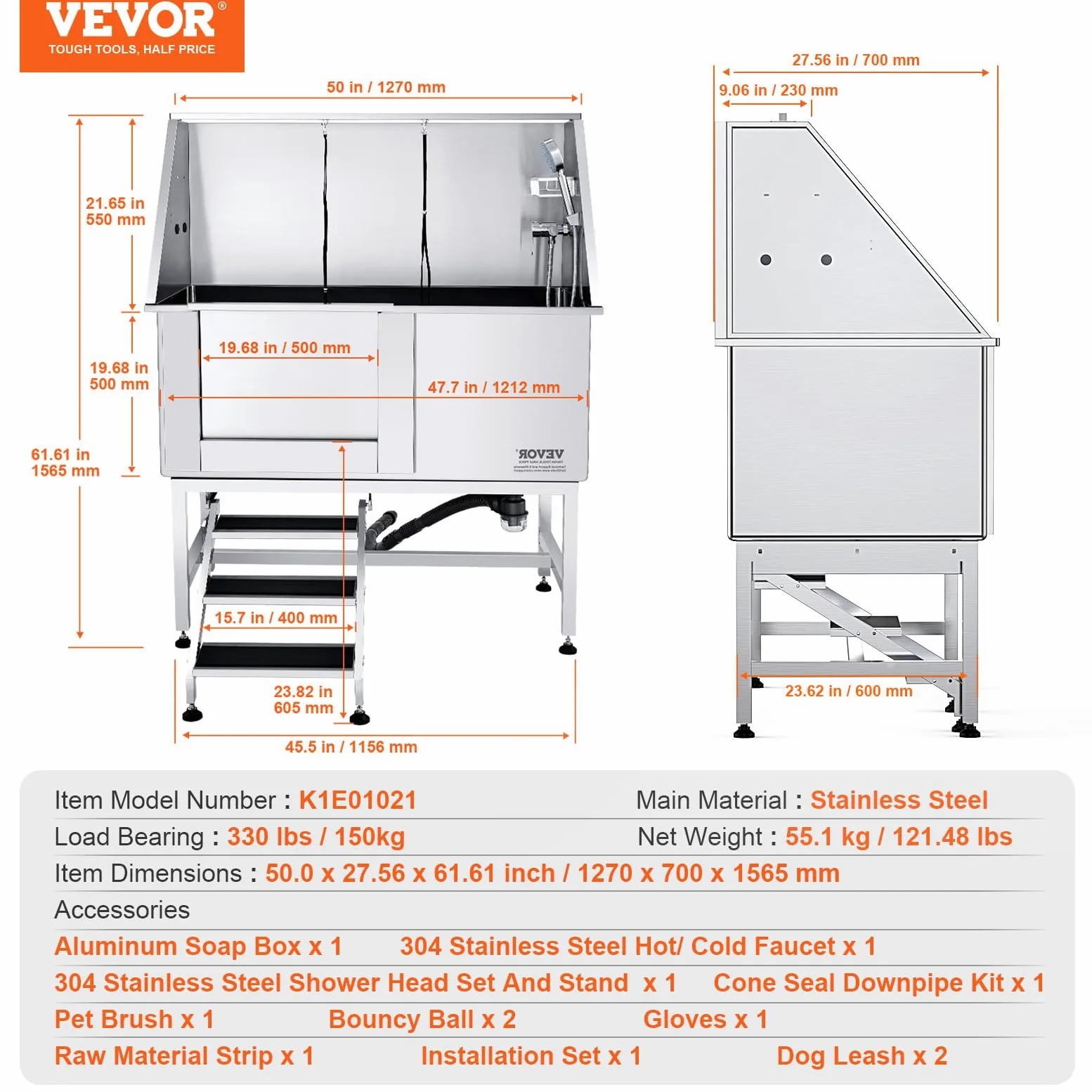 VEVOR Vasca da Bagno per Cani Stazione Vasca di Doccia per Animali Domestici in Acciaio Inox con Scale Lunghezza Max.127 cm Carico Max. Circa 150 kg, Vasca Doccia per Toelettatura per Cani con Scale