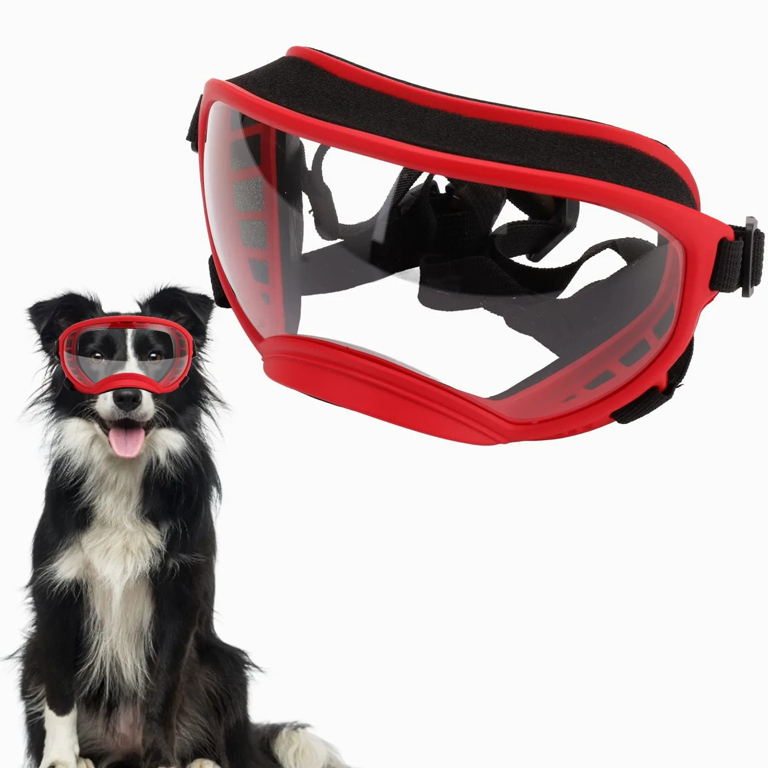 Occhiali da sole per cani antivento, con cinturino regolabile, per cani di taglia grande (montatura rossa e occhiali trasparenti)