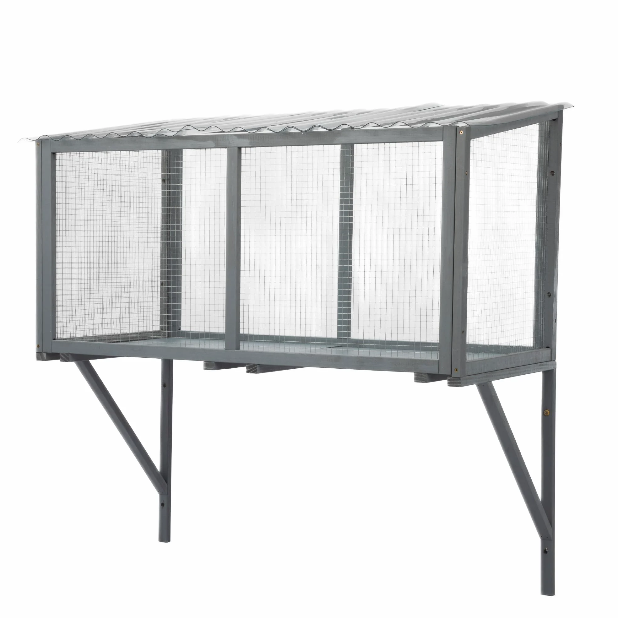 Catio - Finestra per gatti da esterni, in legno, resistente alle intemperie, con rete metallica zincata e tetto in PVC, grande piattaforma di osservazione per gatti, stabile a parete (grigio scuro)