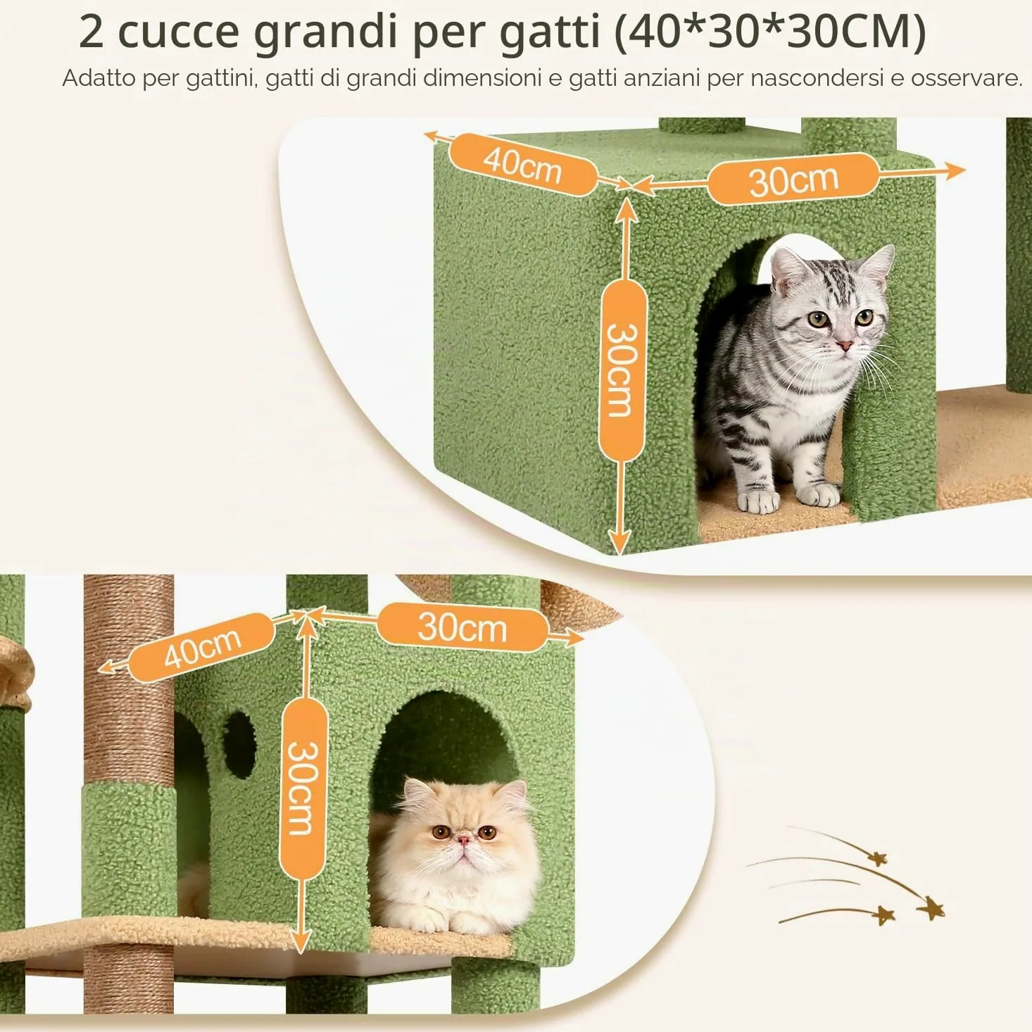 Globlazer Albero Tiragraffi per Gatti XXL 194 cm con 2 Grande Grotte, Immenso Amaca 50 * 40CM, Piattaforma Imbottiti, 2 Cestini, Trespoli, Enorme Cactus Tiragraffi per 3-5 Gatti Adulti (S76B, Verde)