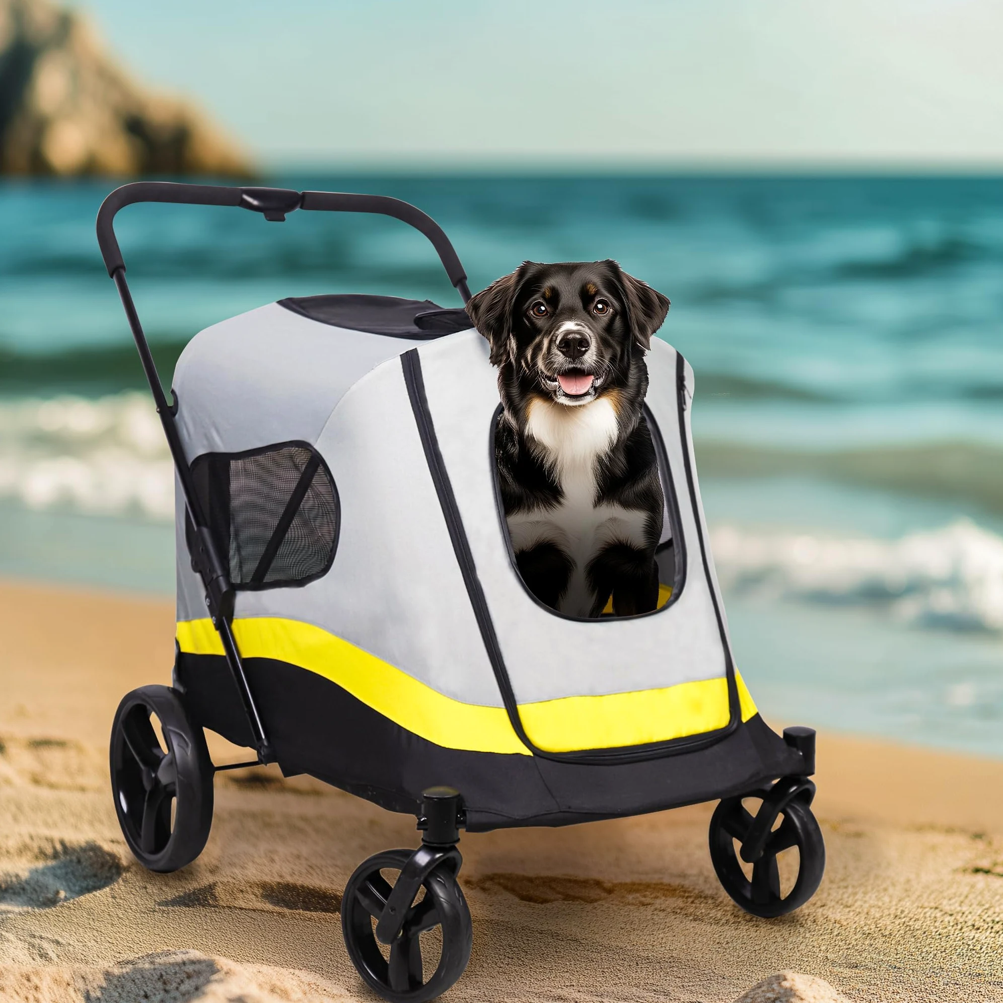 BingoPaw Passeggino per Cani Pieghevole: con Parapioggia Passeggino per Cani 42 kg Taglia Media Cuccioli e Gatti Durevole Passeggino Cane con Ruote Finestre a Rete Manico Regolabile