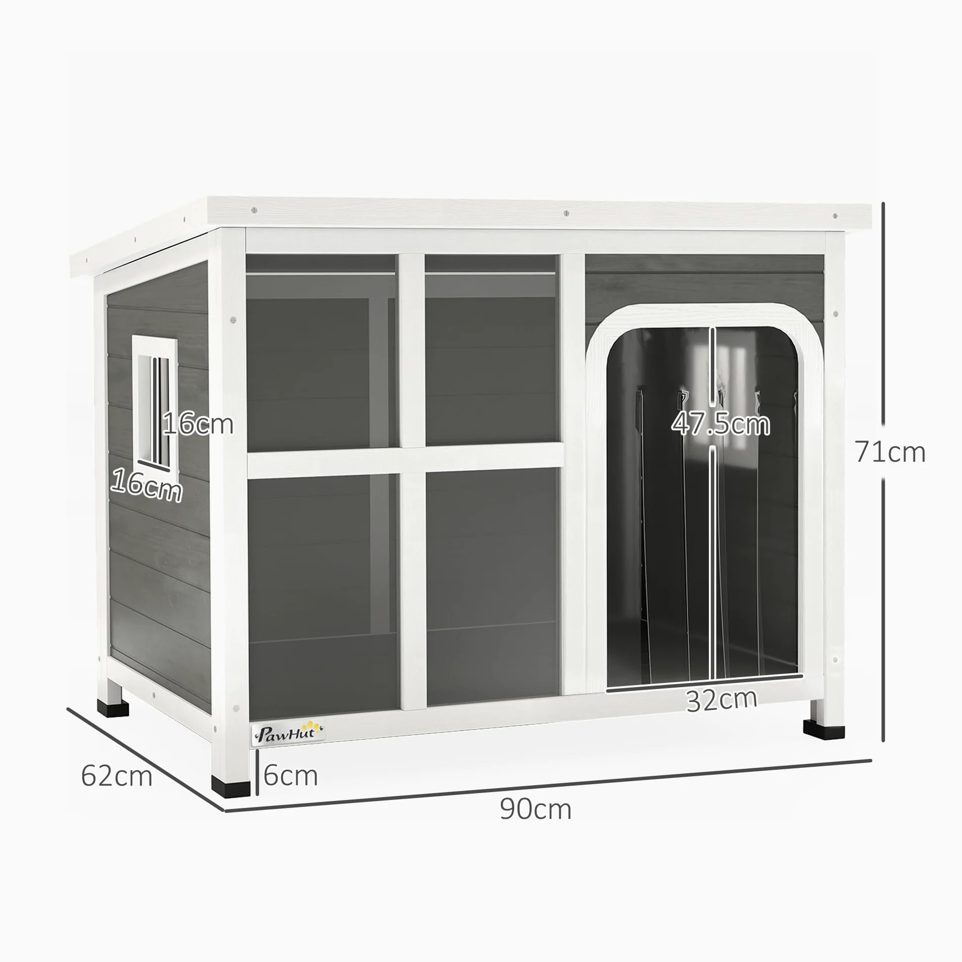 PawHut Casetta per Cani Taglia Piccola e Media con Finestrelle Laterali e Tendina da Ingresso, Cuccia per Cane da Esterno con Base Estraibile e Tettuccio Apribile, 90x62x71 cm, Grigio Chiaro