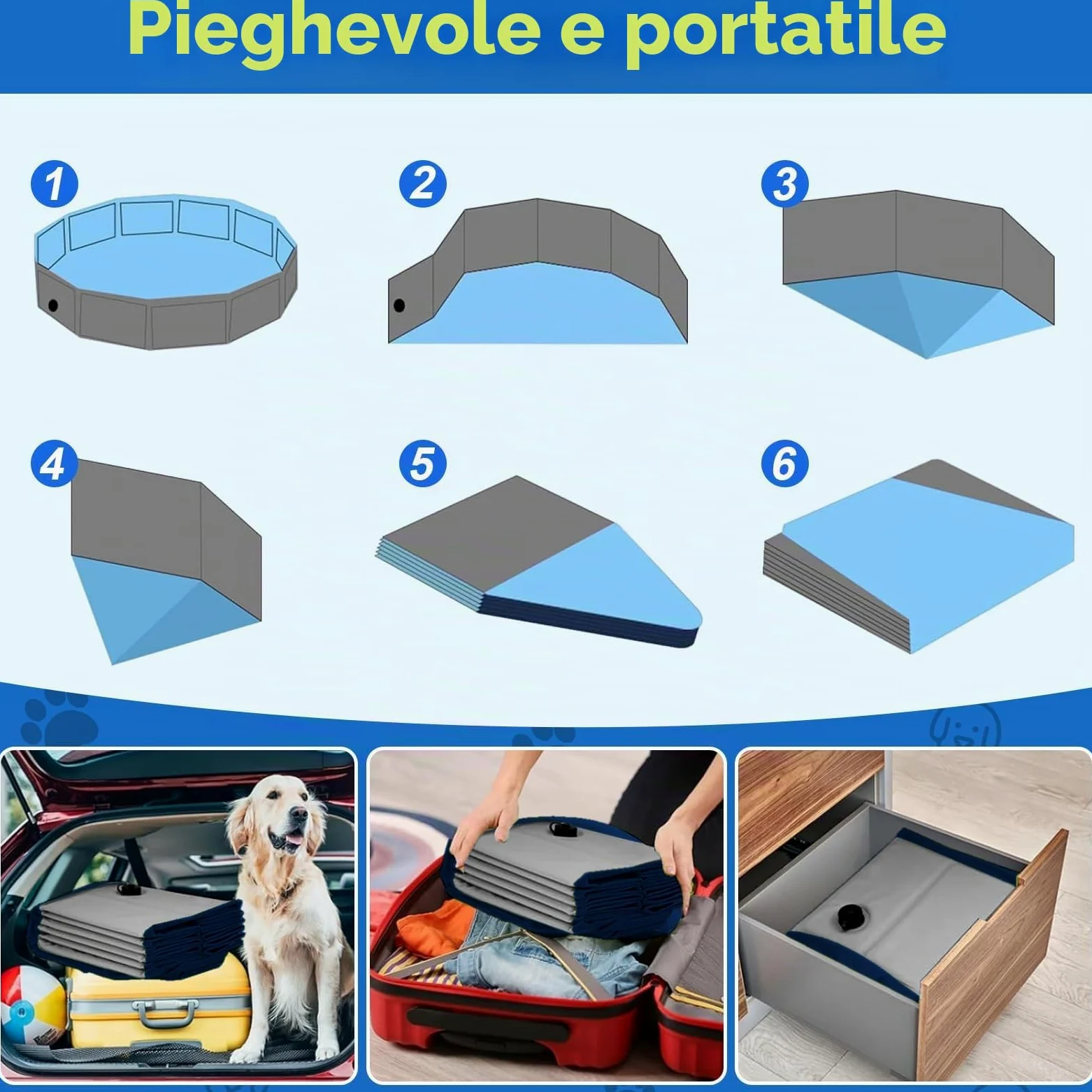 Piscina per cani extra large, 160 cm, resistente, pieghevole, per cani di grossa taglia, antiscivolo, con valvola di scarico e 2 giocattoli da masticare, piscina pieghevole per cani, per giardino