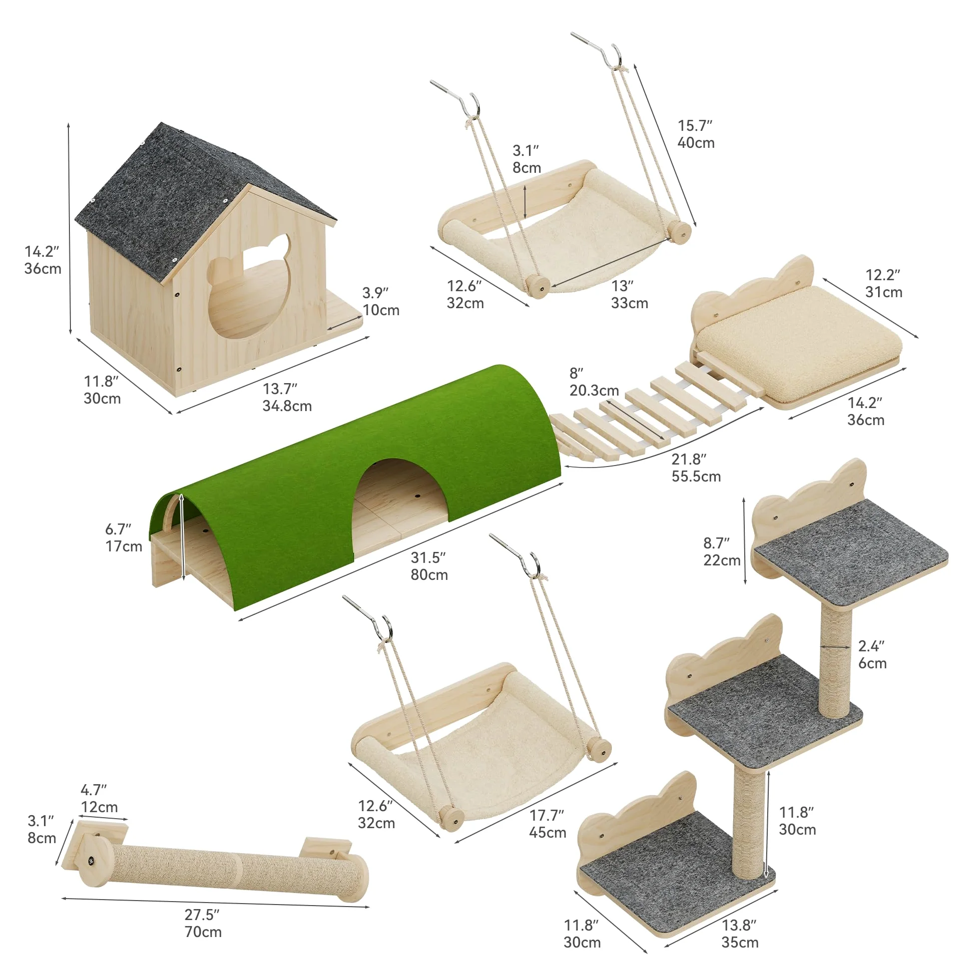 YITAHOME Set da parete per gatti in legno robusto, 7 ripiani con casa, ponte sospeso, scale, amaca e tiragraffi per dormire, giocare e riposare