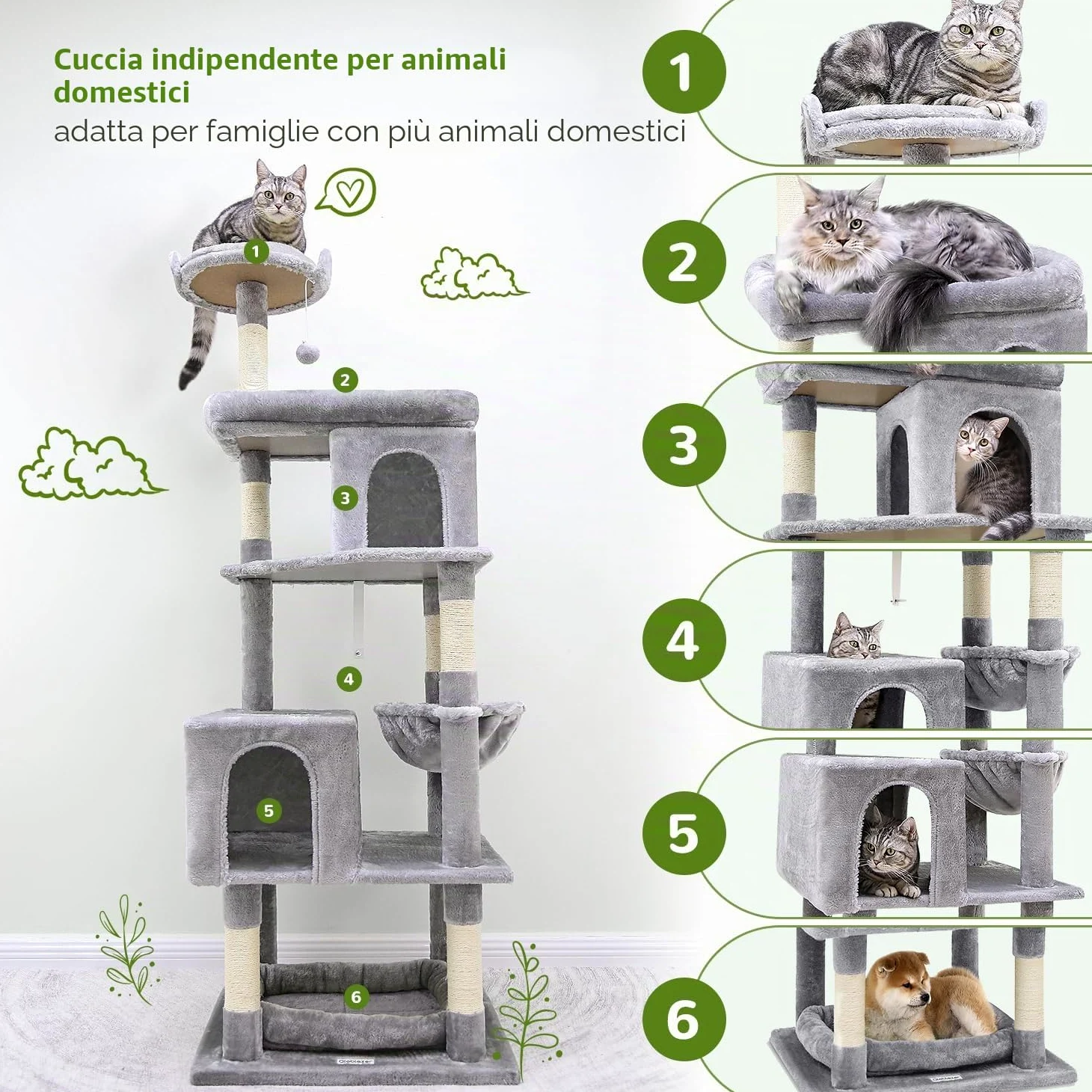 Globlazer Tiragraffi per Gatti Grandi, Castello per Gatto Alto 183 cm con Grotte Piattaforma Cesto Cuccia, Albero Gatti Stabile per Adulti Maine Coon Riposare Giocare Interno (S72, Grigio Scuro)