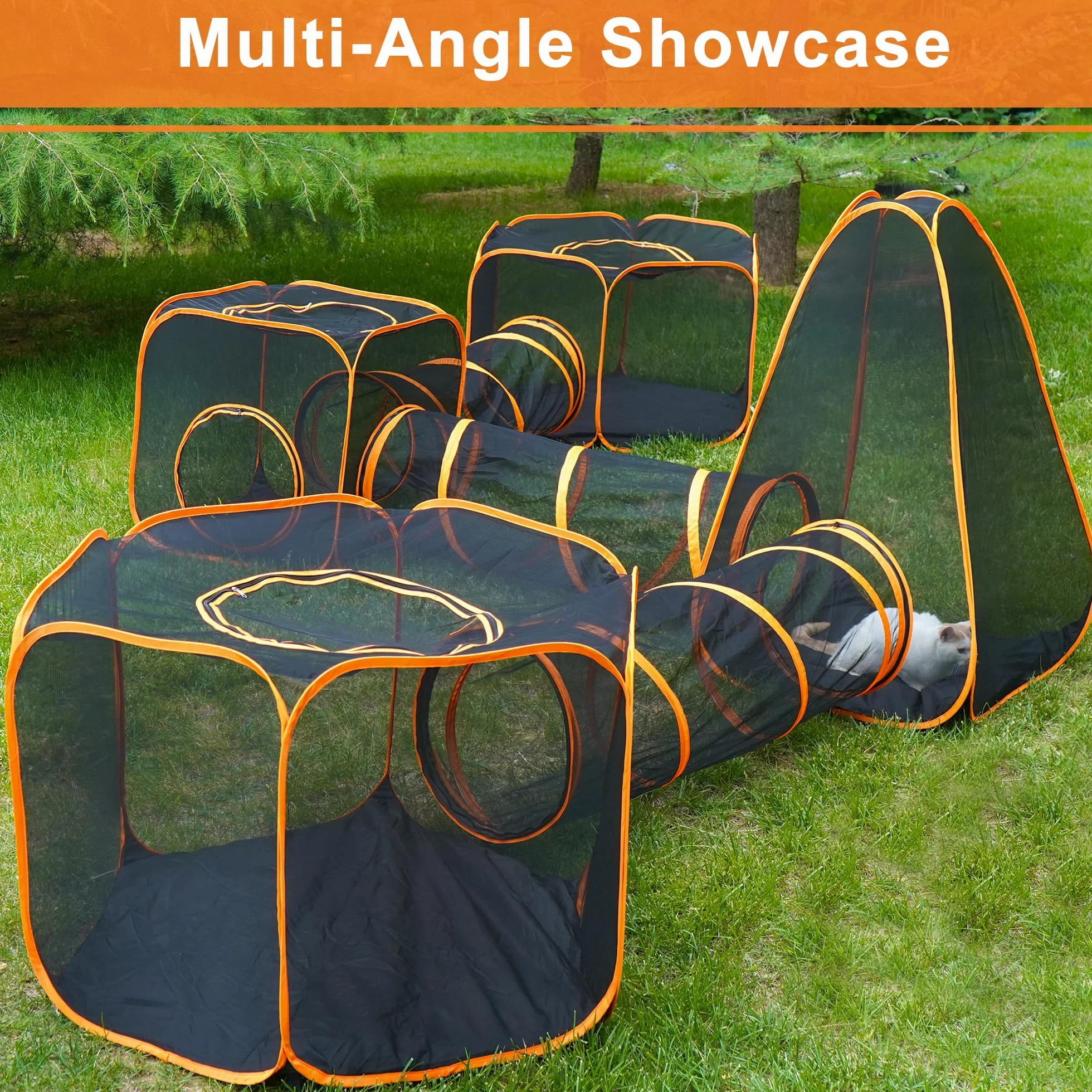 Recinzione pieghevole per gatti – Box portatile per gatti con tenda a rete e tre tunnel (7 in 1)