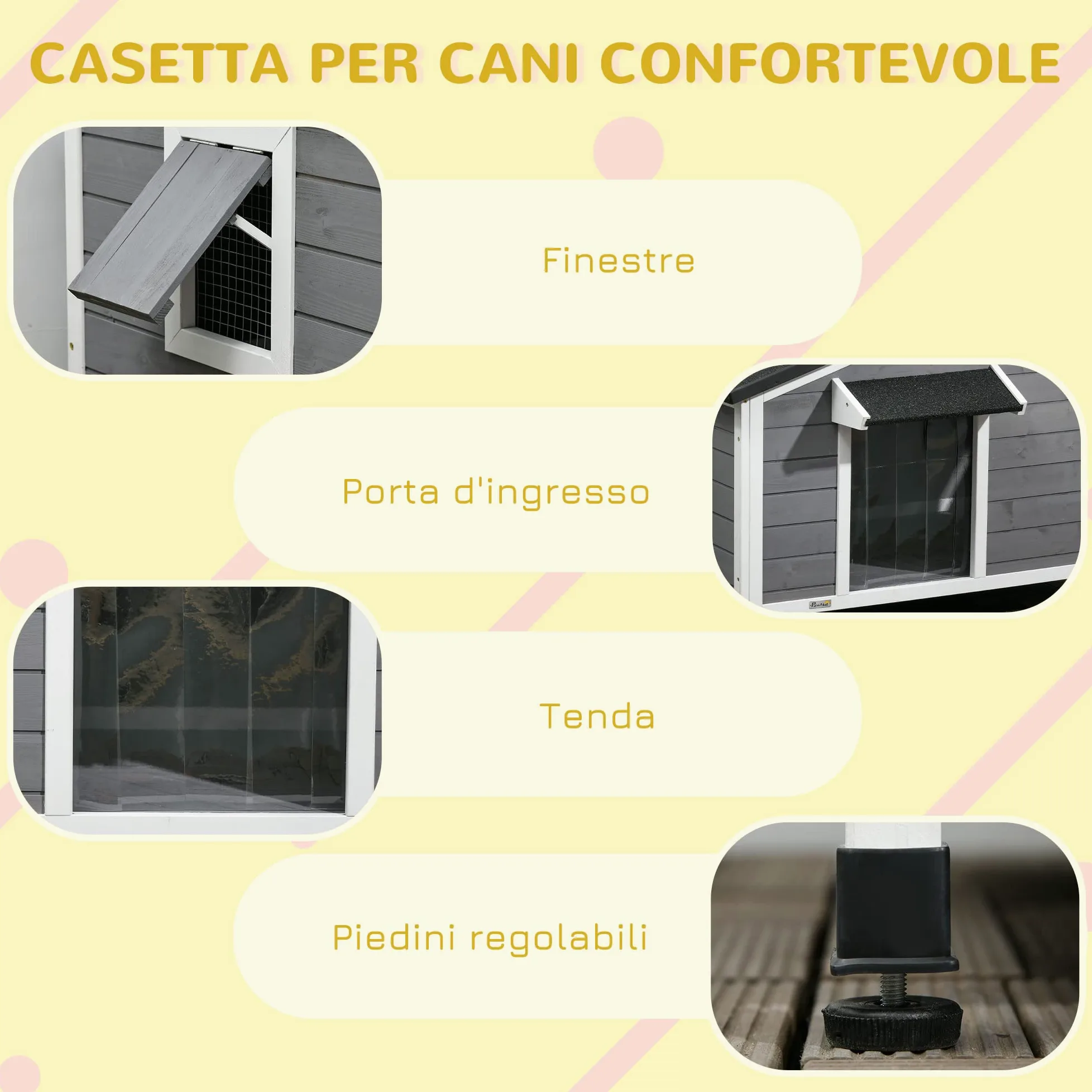 PawHut Casetta per Cani Taglia Piccola e Media in Legno di Abete, Design Rialzato con Tenda Protettiva, 2 Finestre e Fondo Rimovibile, 109x79x72 cm