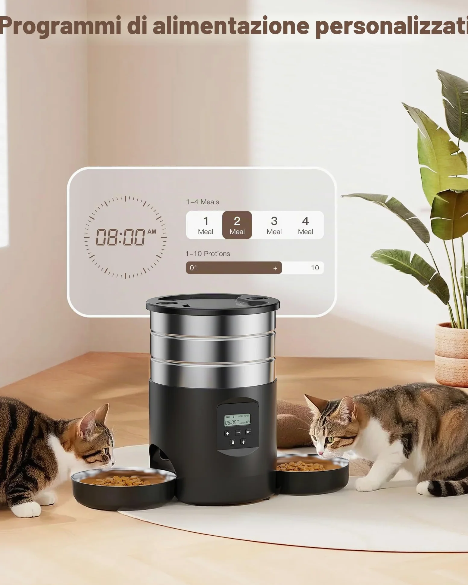 Distributore Automatico Cibo Gatti Doppio: Dispenser Crocchette Gatto Acciai Inossidabili - Erogatore Cibo Cani con Timer Programmabile - 5L Dosatore Crocchette - Mangiatoia Automatica con 2 Ciotola
