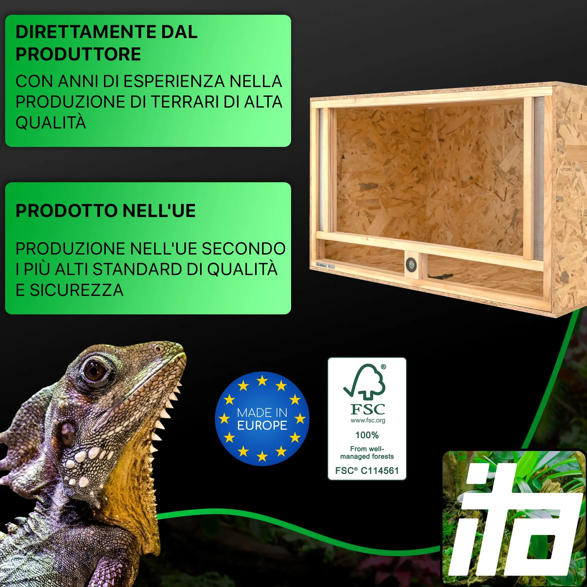 ITA Terrario in legno 100x50x40 cm con ventilazione frontale e igrometro integrato - Terrario in legno OSB-3 - Per rettili, serpenti, anfibi - Prodotto UE, certificato FSC