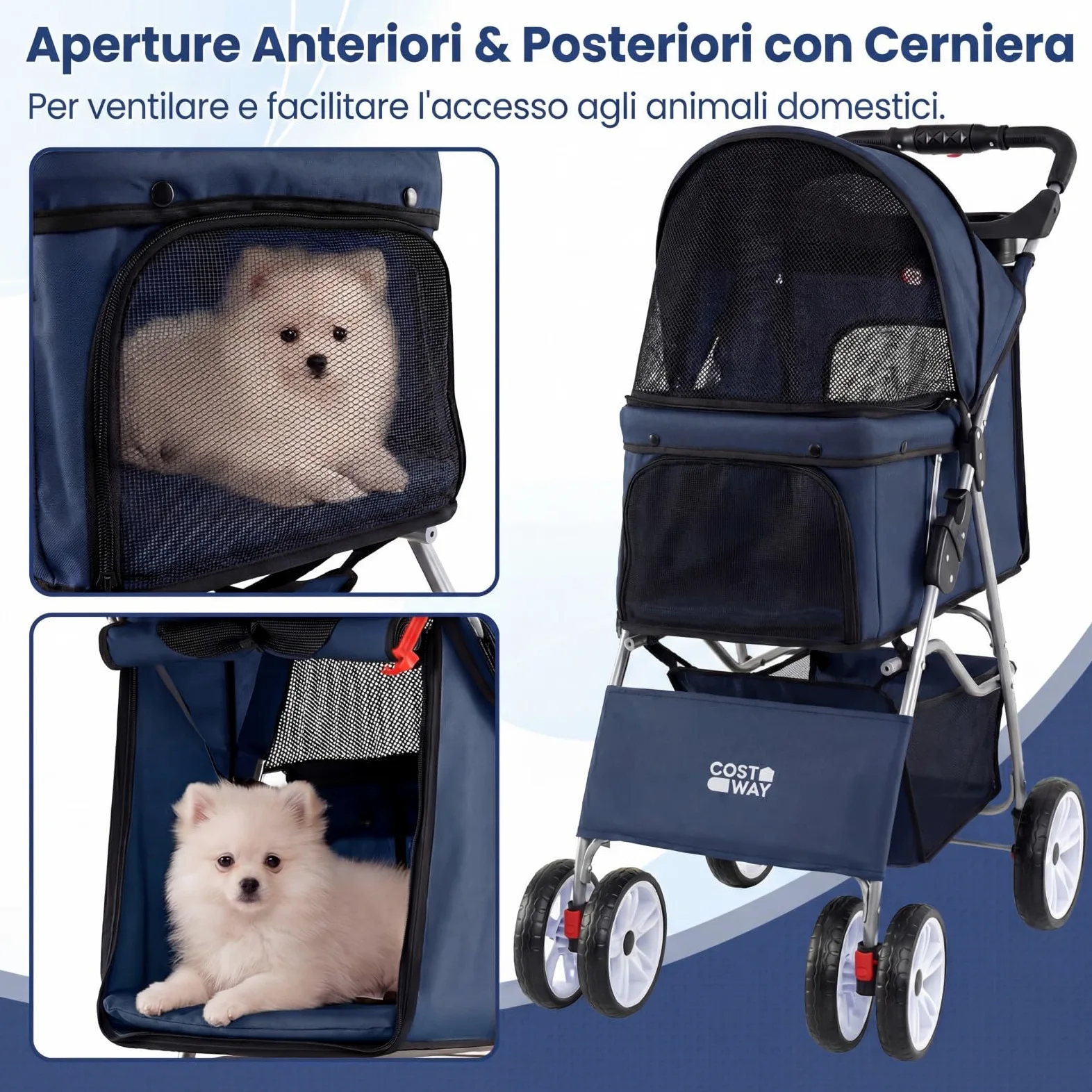 COSTWAY Passeggino per Cani Piccoli Pieghevole Facile, Carrozzina per Cani Portata Fino a 15 kg con Rete Traspirante e Copertura Impermeabile, Passeggino per Gatti per Viaggio (Blu)