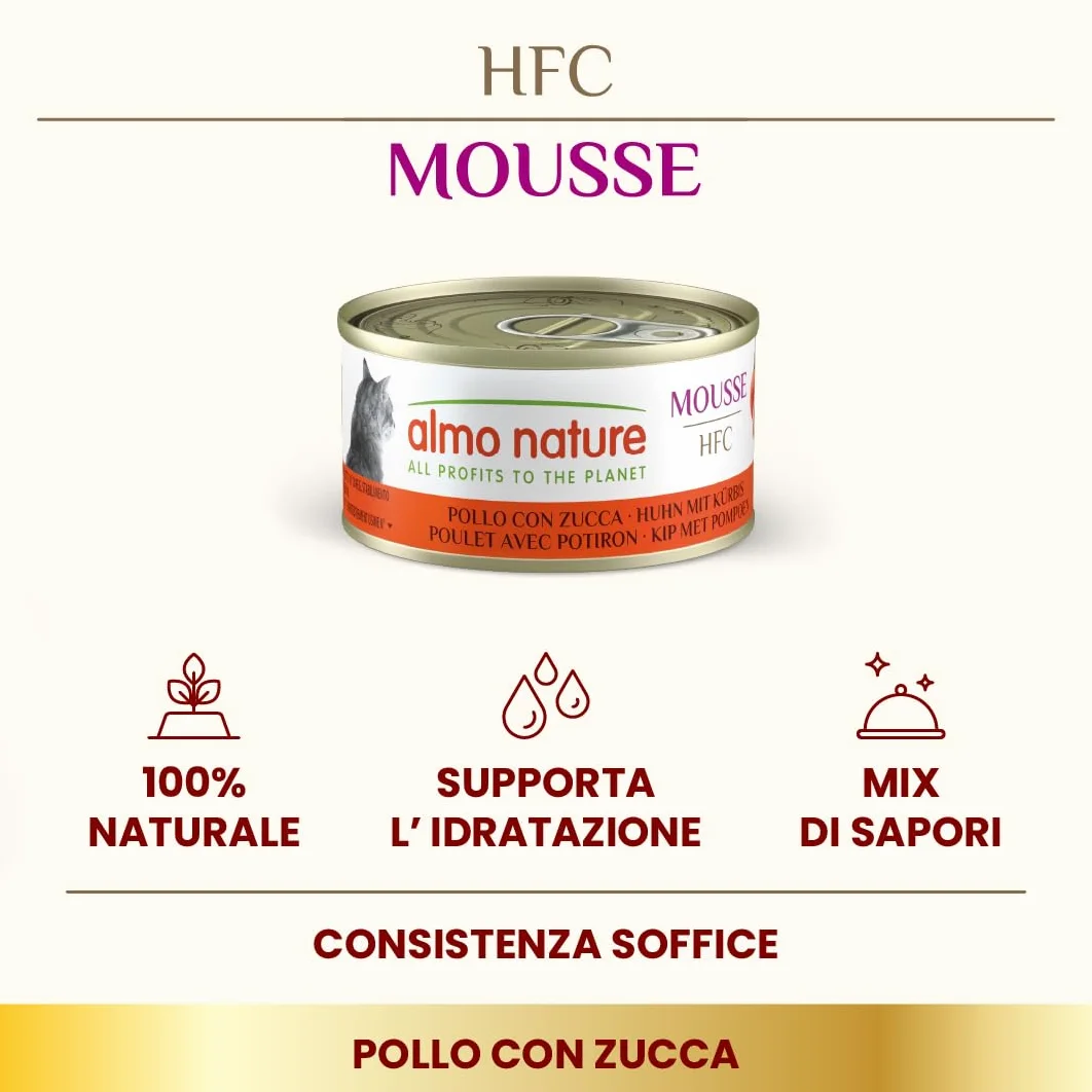 Almo Nature HFC Mousse, Alimento Umido per Gatti - Pollo con Zucca - 70g, Confezione da 24