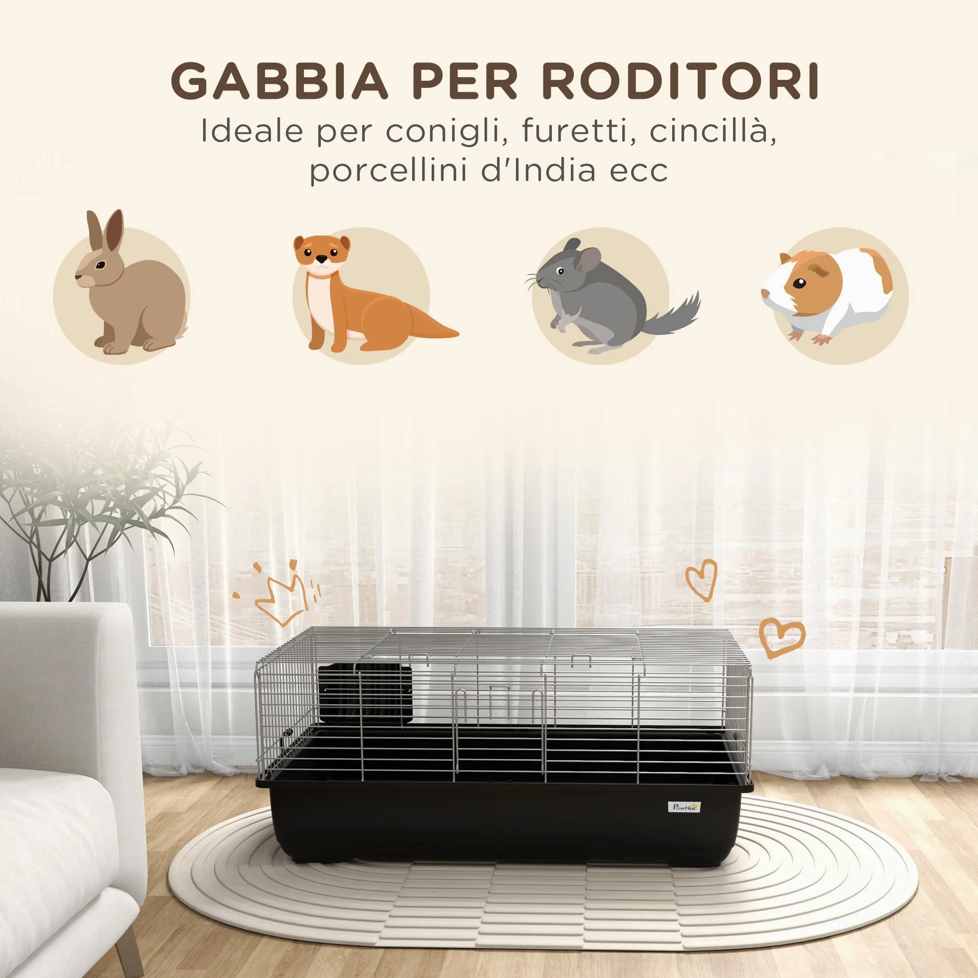 PawHut Gabbia per Conigli a 2 Aperture con Vassoio Rimovibile, Conigliera Gabbia per Roditori in Metallo e Plastica PP, 100x55x41 cm, Nero e Argento