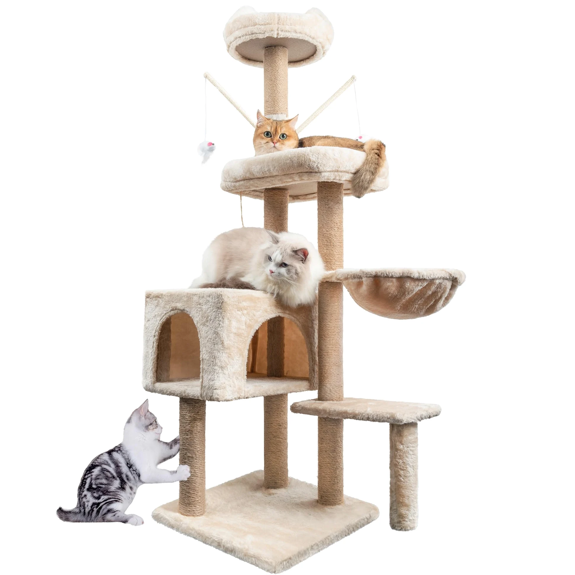 Tiragraffi per Gatti,145cm Alberi tiragraffi,tiragraffi gatto stabile multilivello,Alberi per attività per gatti con 7 pali in sisal, 5 piattaforme, 2 nidi per gatti Mobili per animali da interno