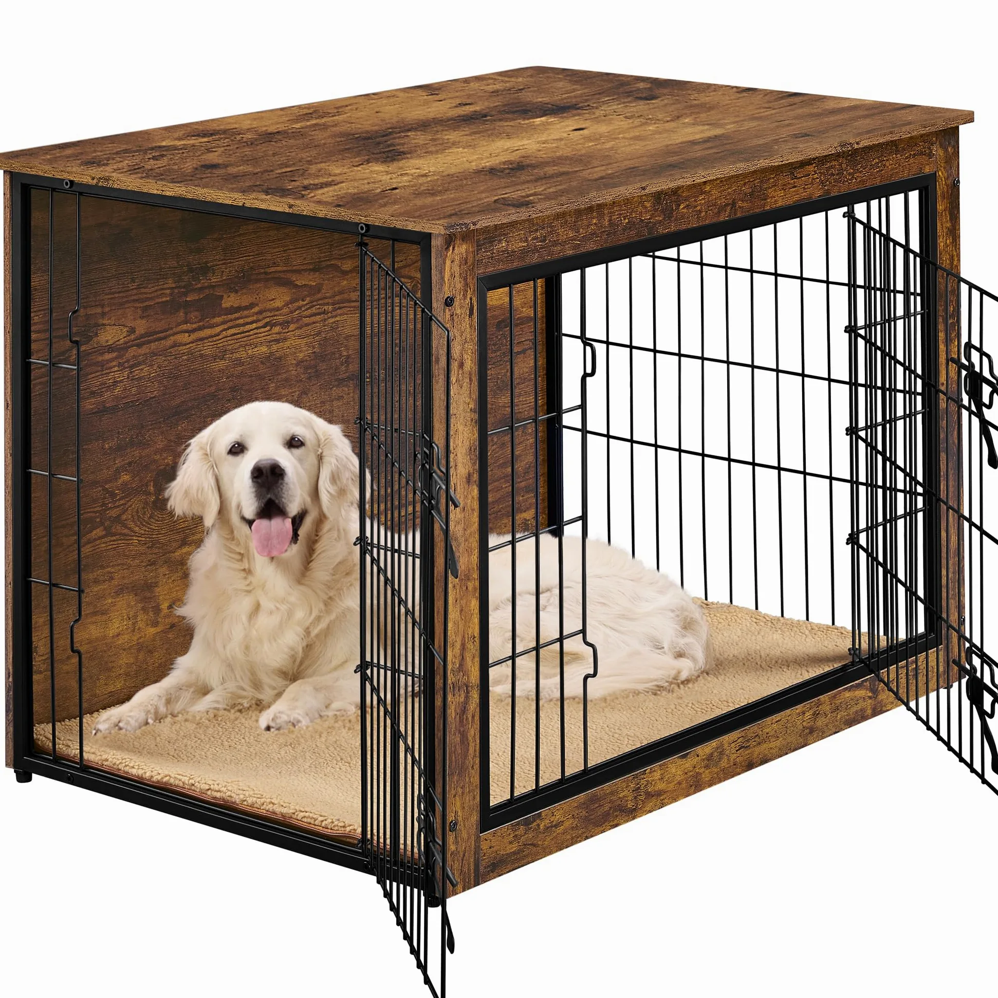 Yaheetech Gabbia per Cani Kennel Tavolino Armadietto con Doppie Porte Gatti a Rete in Legno da Interno (Marrone Rustico, 96 x 65 x 67,5 cm)