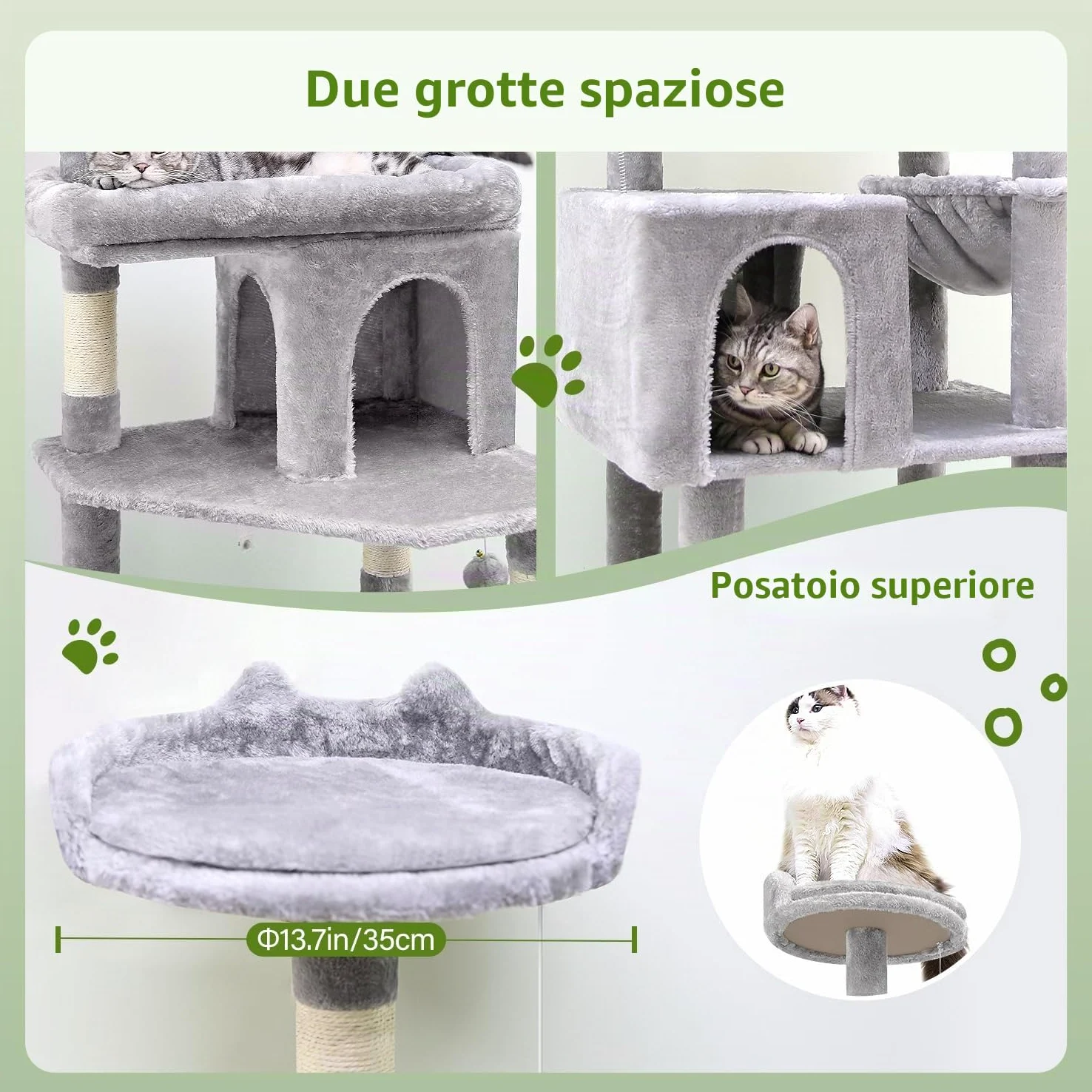 Globlazer Tiragraffi per Gatti Grandi, Castello per Gatto Alto 183 cm con Grotte Piattaforma Cesto Cuccia, Albero Gatti Stabile per Adulti Maine Coon Riposare Giocare Interno (S72, Grigio Scuro)