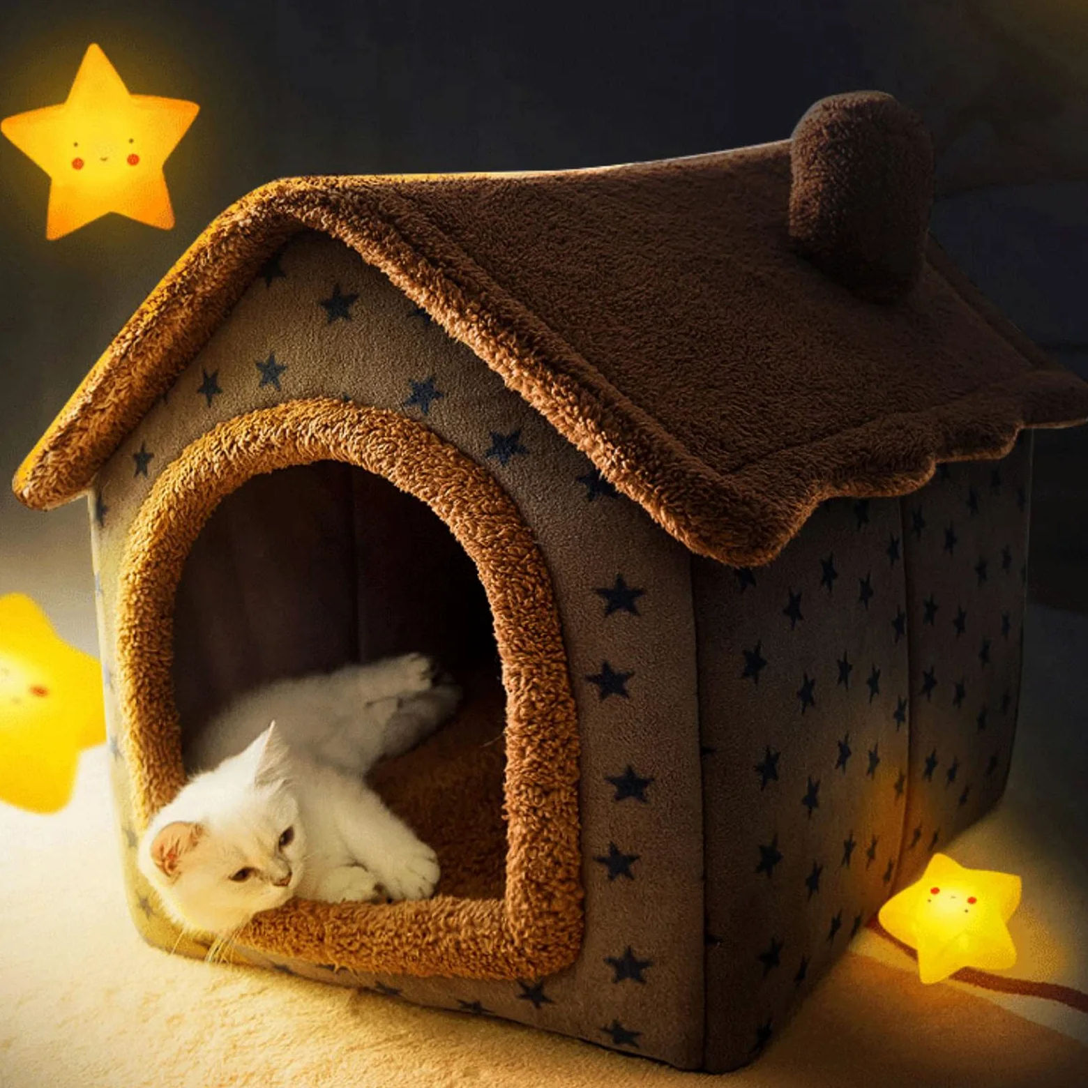 Galatée Letto Grotta Per Gatti, Cuccia Per Cani Lavabile, Igloo Per Gatti In Peluche Caldo e Accogliente, Cuccia Per Gatti Pieghevole e Confortevole, Cuccia Per Animali Domestici(M, Stelle Marroni)