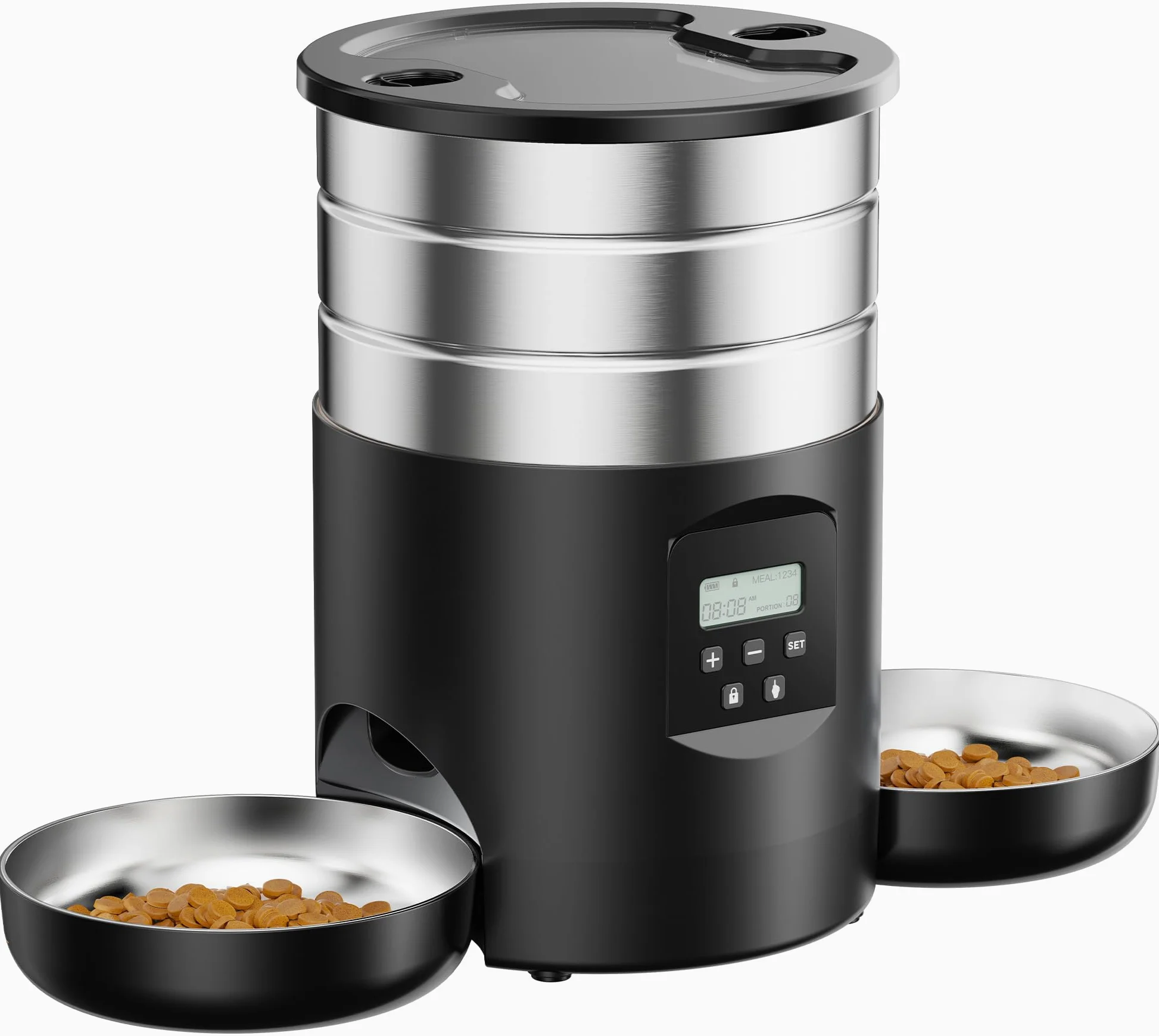 Distributore Automatico Cibo Gatti Doppio: Dispenser Crocchette Gatto Acciai Inossidabili - Erogatore Cibo Cani con Timer Programmabile - 5L Dosatore Crocchette - Mangiatoia Automatica con 2 Ciotola