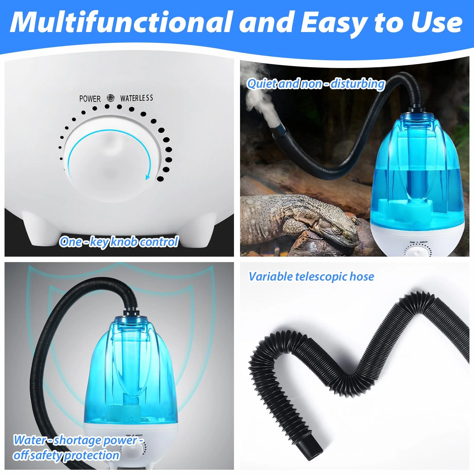 Umidificatore per Terrario 4L - Nebbia 300mL/h con Luce Notturna 7 Colori | Tubo Regolabile 40-160cm | Ultra Silenzioso (<35dB) | Per Rettili, Anfibi e Piante Tropicali