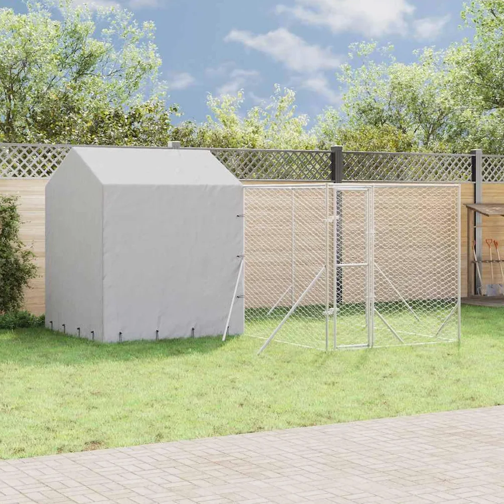 Cuccia per cani con tetto, 4 x 4 x 2,5 m, in acciaio zincato | Spazioso recinto da giardino con tetto protettivo e porta richiudibile per cani e piccoli animali all'aperto.