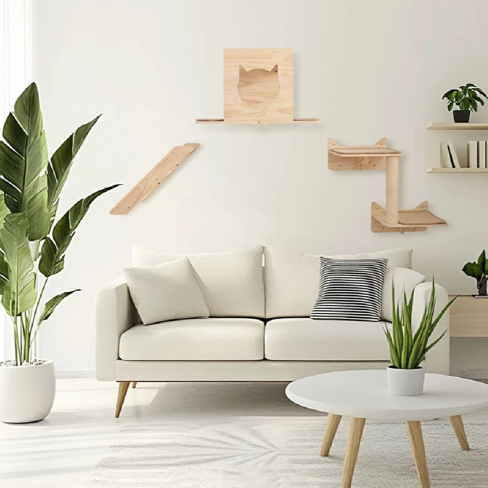 Set di mensole da parete per gatti, con casa, tiragraffi in sisal, gradini per arrampicarsi, in legno massello, per interni, design salvaspazio