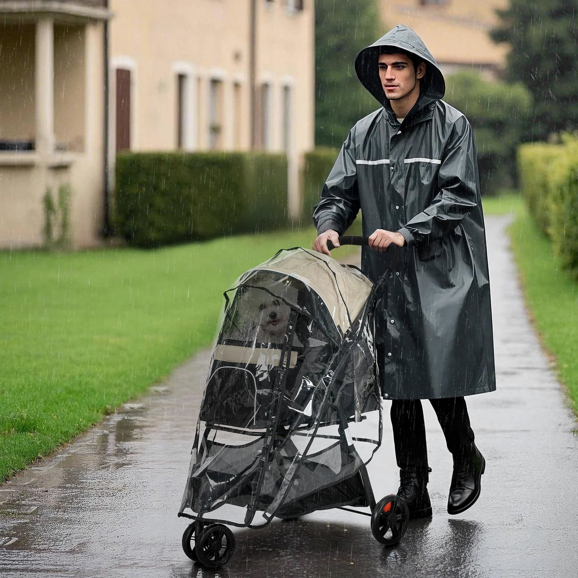 PawHut Passeggino per Cani Piccoli e Mini a 3 Ruote, Passeggino per Animali Pieghevole con Copertura Antipioggia, Cestino e Guinzaglio, Cachi