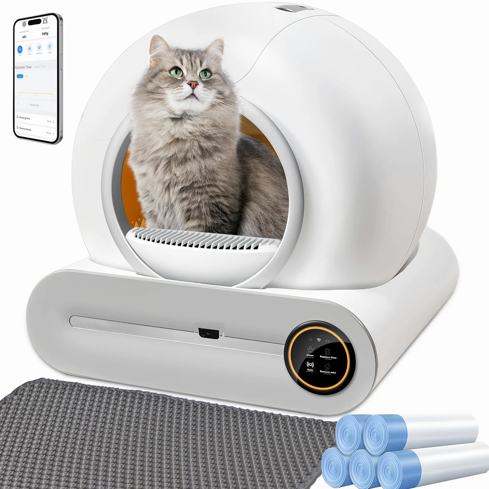Lettiere Autopulenti Gatti 65L + 9 L con 5 Sacchi Spazzatura e Tappetini Lettiera Gatti, Controllo APP, Deodorante Ionico Lettiera Autopulente per Gatto (A)