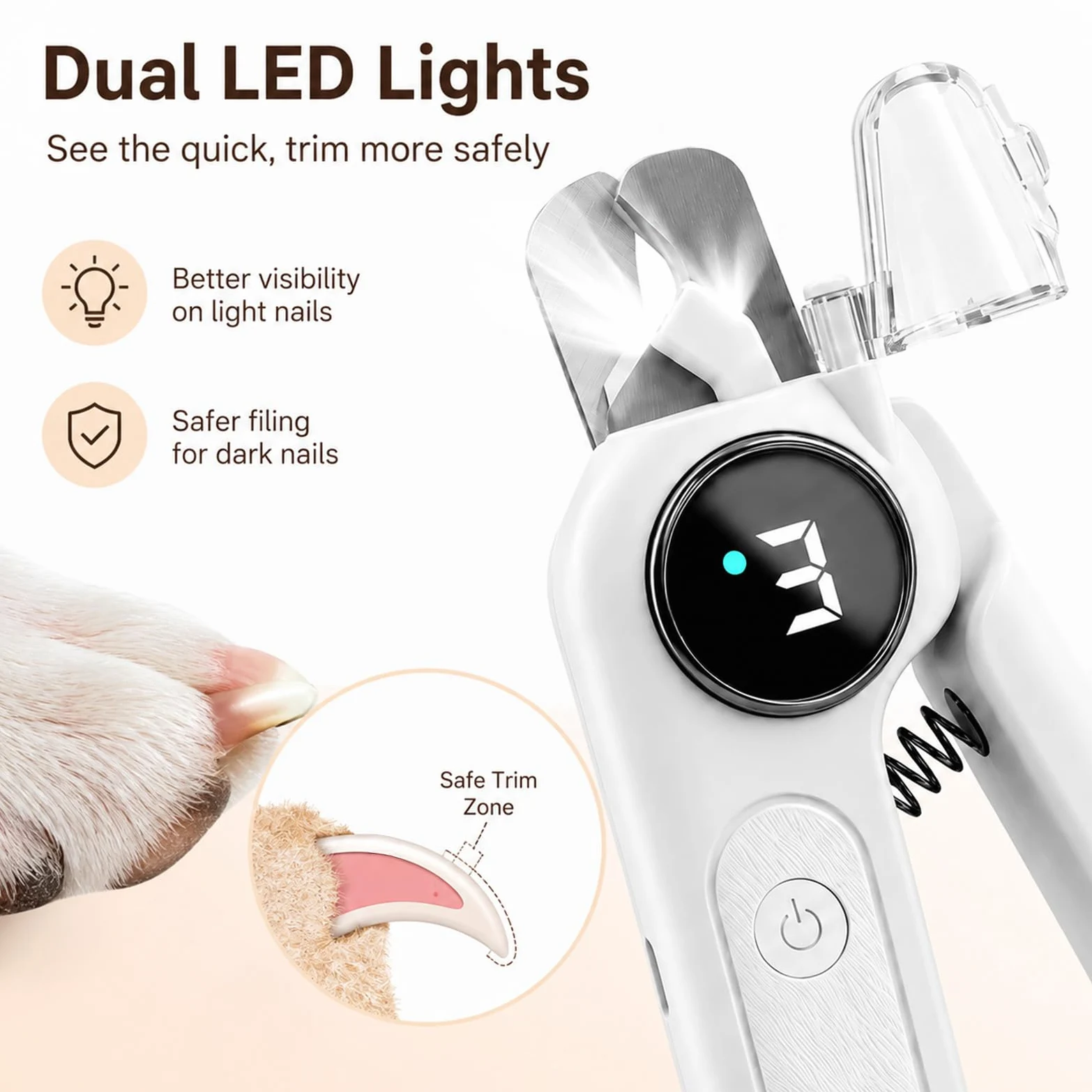 Tagliaunghie 2 in 1 per animali domestici, con luce LED, silenzioso, ricaricabile USB-C, per cani, gatti, cuccioli e gattini