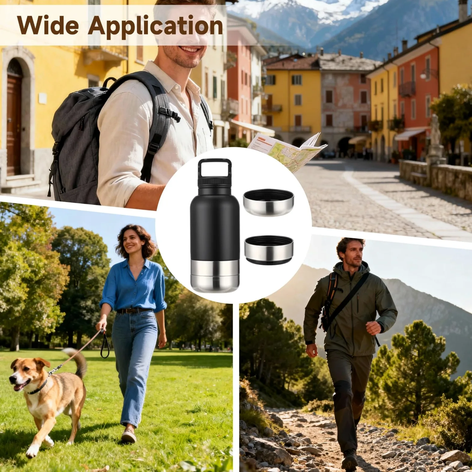 Borraccia 3 in 1 per cani, 1000 ml, in acciaio inox, con 2 ciotole staccabili, per viaggi, passeggiate, escursioni, attività all'aperto