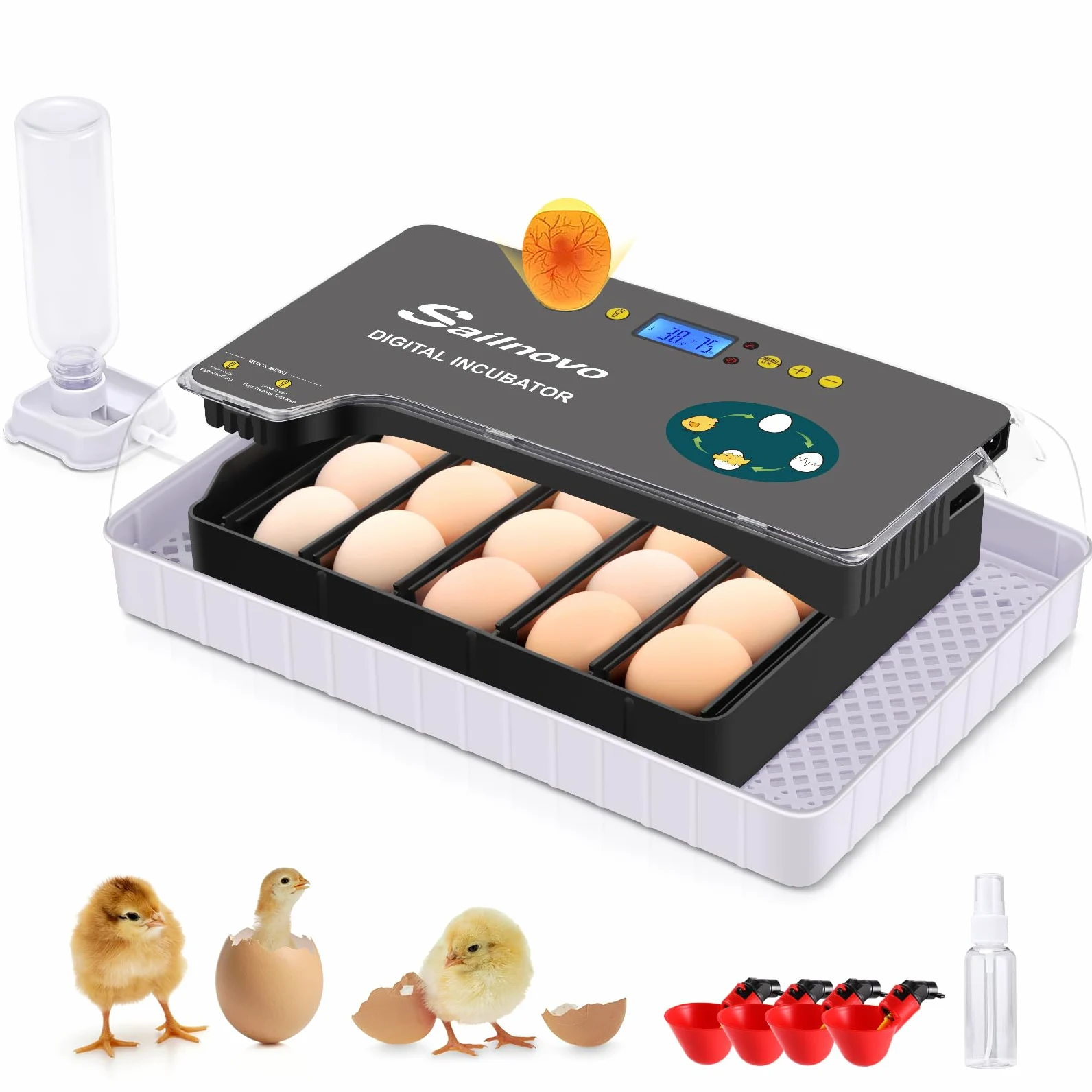Sailnovo Sailvono 20 Incubateur entièrement automatique, avec ajout d'eau externe, contrôle de la température, éclairage LED, retournement automatique des œufs, de poules - Noir